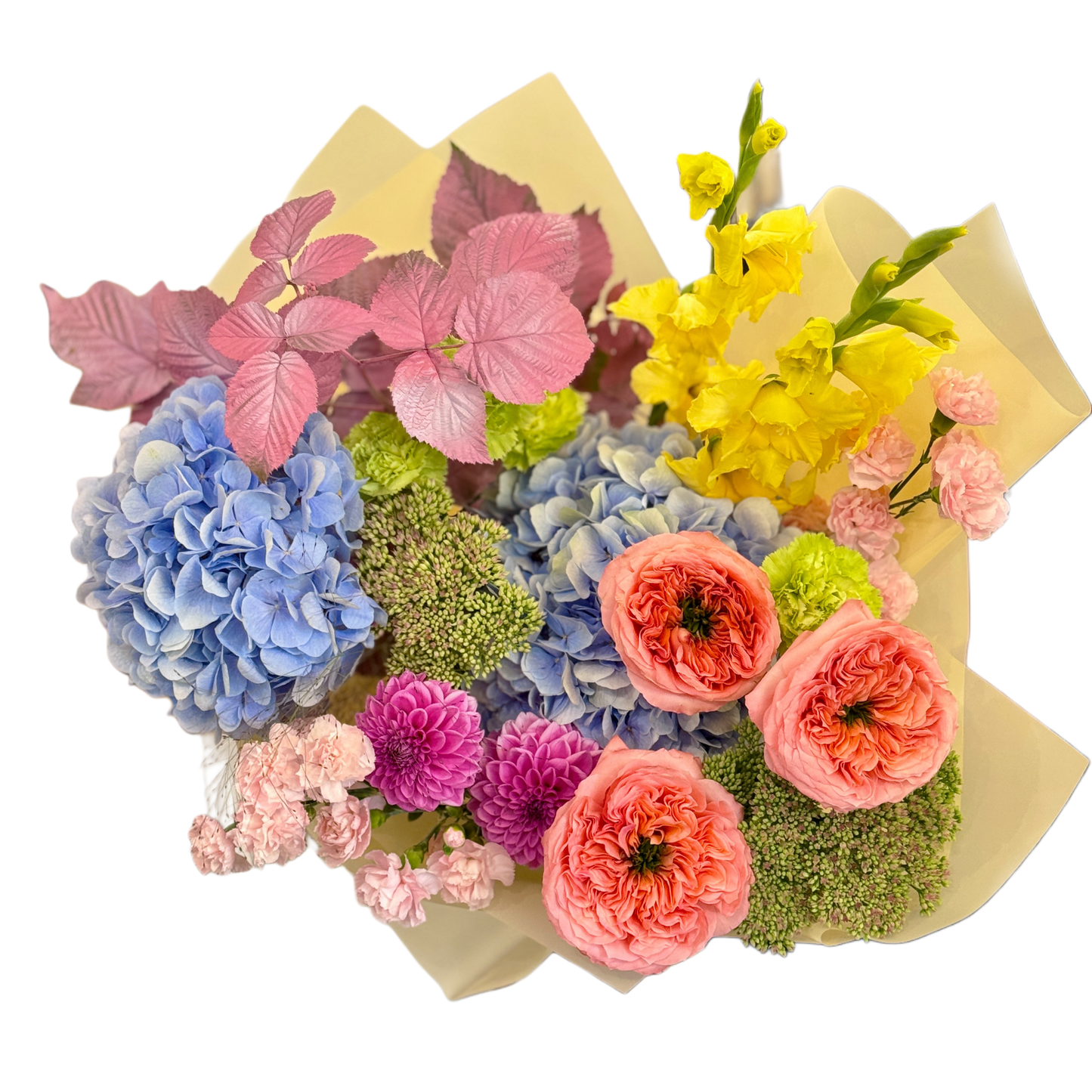 Buchet Colorat cu Hortensii, Trandafiri și Flori Mixte