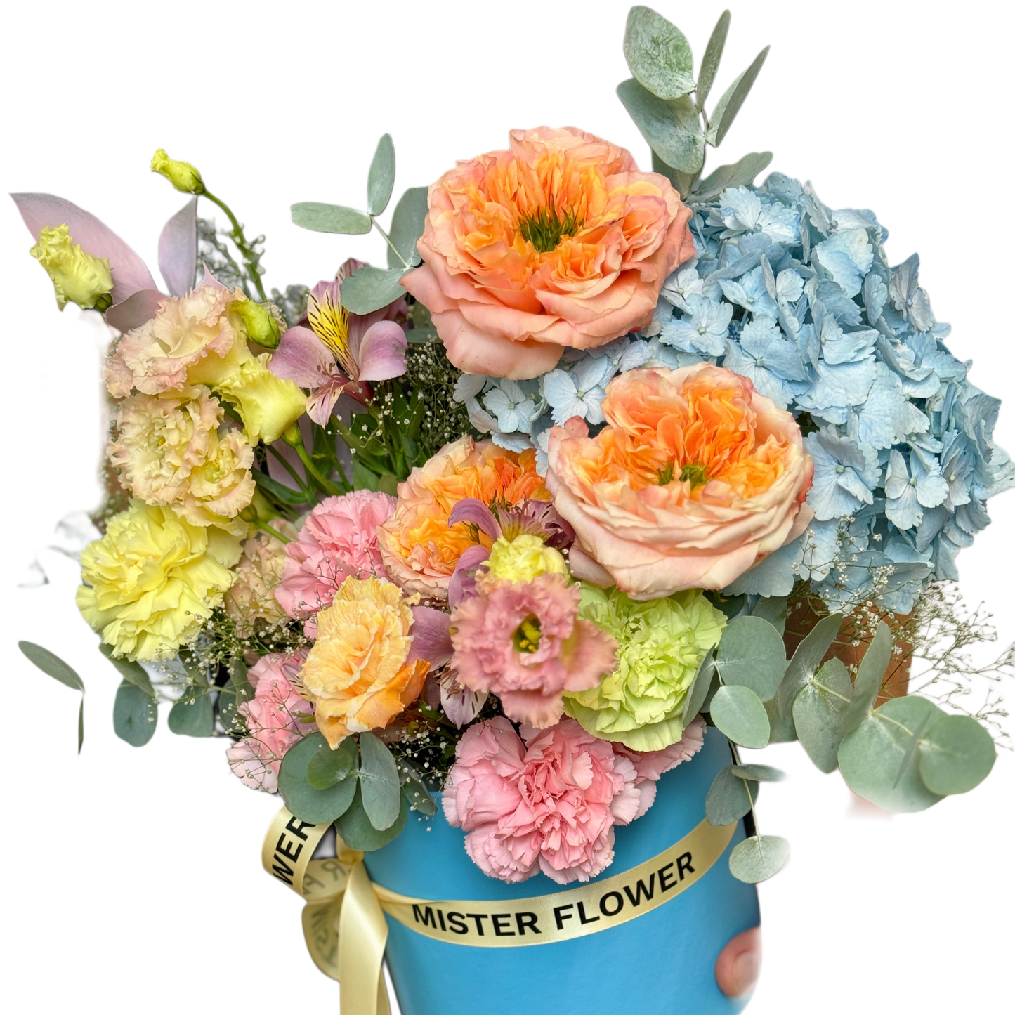 Aranjament floral mixt în cutie albastră cu hortensii și trandafiri corali – Florăria Mister Flower Florești Cluj