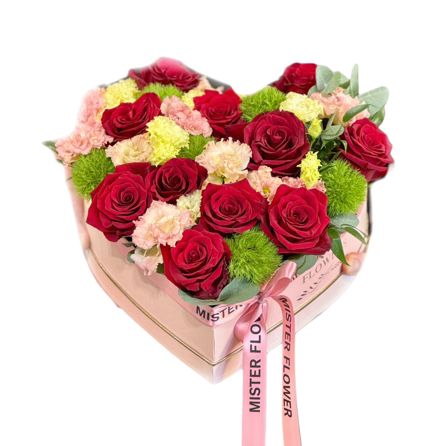 Aranjament floral în cutie inimă cu trandafiri roșii și flori mixte – Florăria Mister Flower Florești Cluj