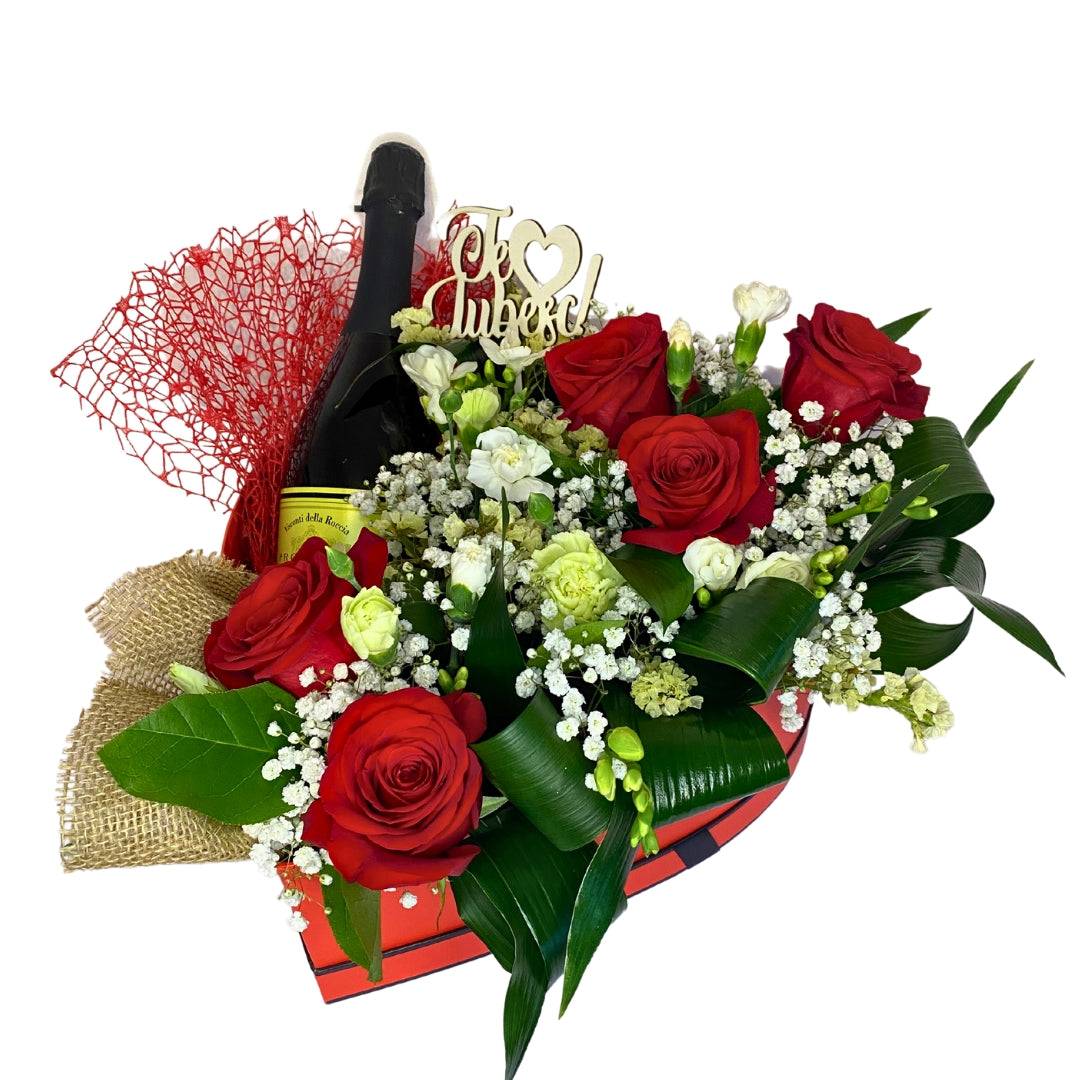 Aranjament cu trandafiri eustoma si Prosecco - MrFlowerFloresti - aranjamente florare, iasomie, trandafiri, orhidee, buchete nunta, buchete mireasa, buchete de flori, buchete de trandafiri, eucalipt, florarie floresti Aranjament cu trandafiri, eustoma și Prosecco - cadoul perfect pentru ocazii speciale