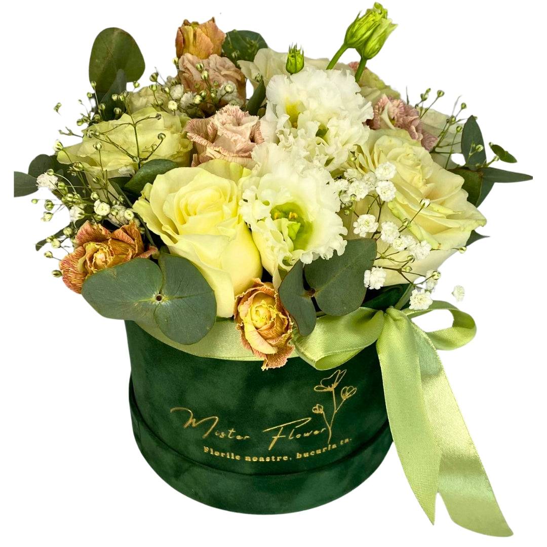Aranjament de trandafiri albi si eustoma - MrFlowerFloresti - aranjamente florare, iasomie, trandafiri, orhidee, buchete nunta, buchete mireasa, buchete de flori, buchete de trandafiri, eucalipt, florarie floresti