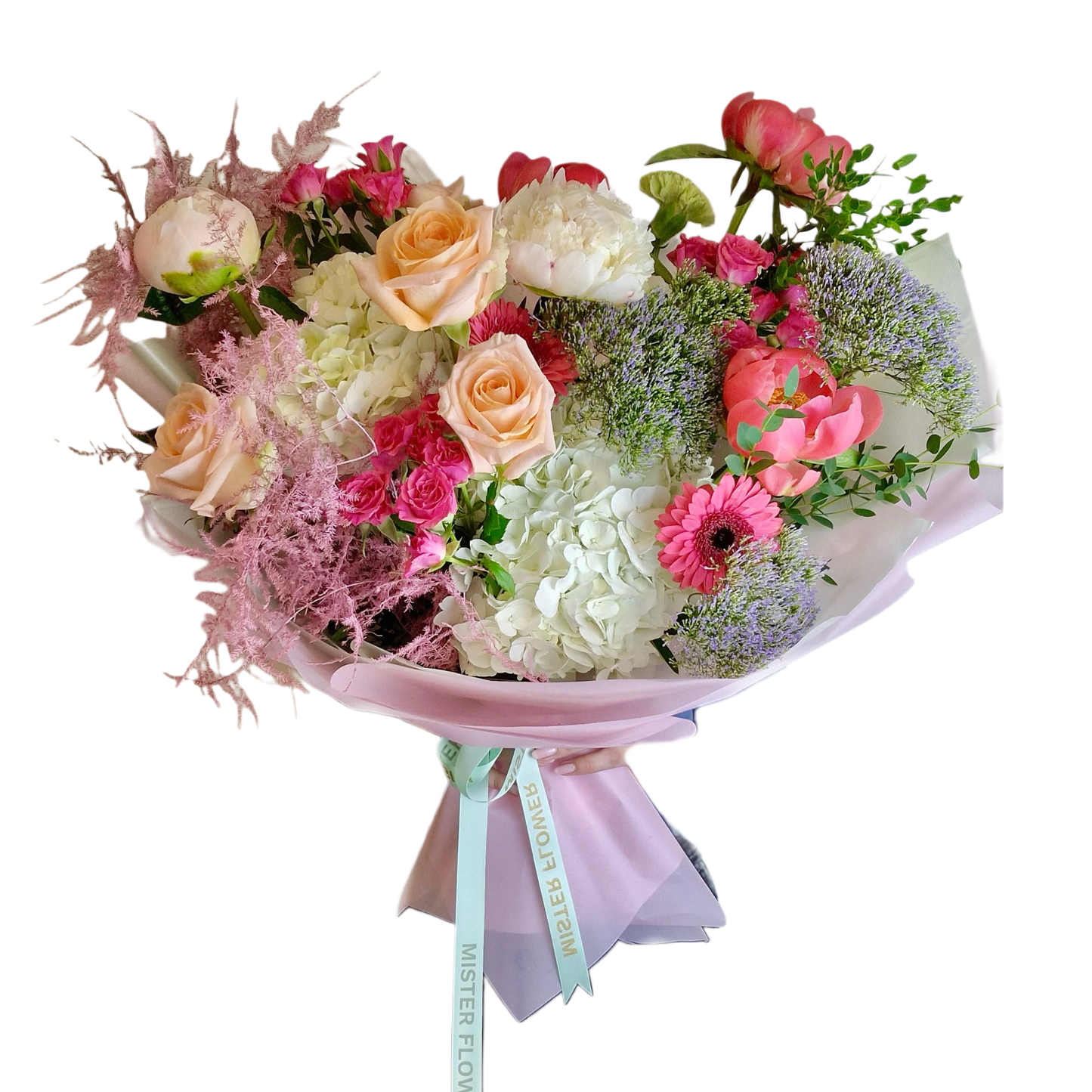 Buchet „Pastel Royale” cu bujori albi, hortensie și trandafiri piersică – Mister Flower Florești