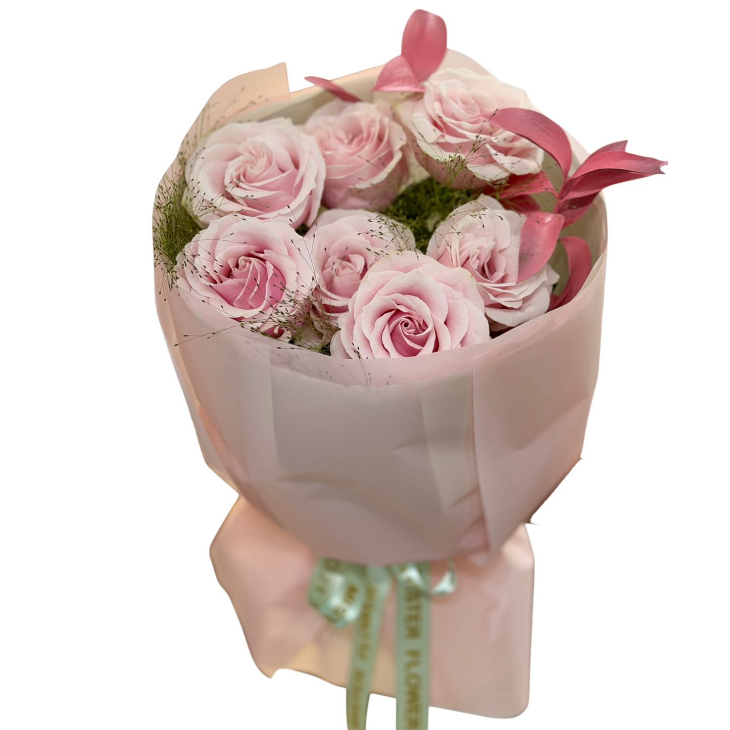 Buchet Pink Whisper cu trandafiri roz premium și verdeață decorativă, realizat de Mister Flower Cluj