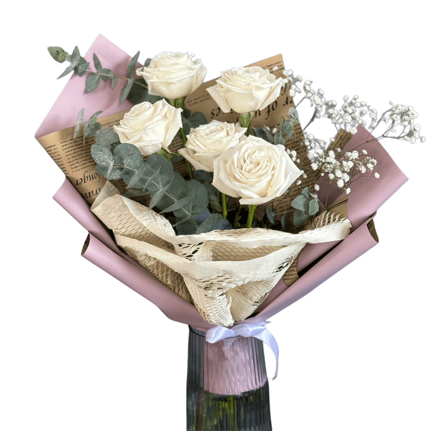 Buchet cu 5 trandafiri și eucalipt – flori simple și elegante, livrare Cluj