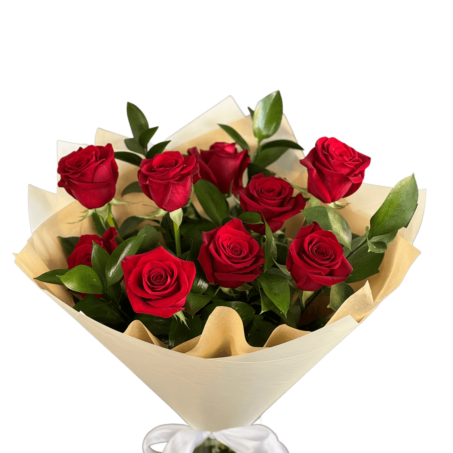 Buchet cu 9 trandafiri roșii și ruscus – flori elegante, livrare Cluj