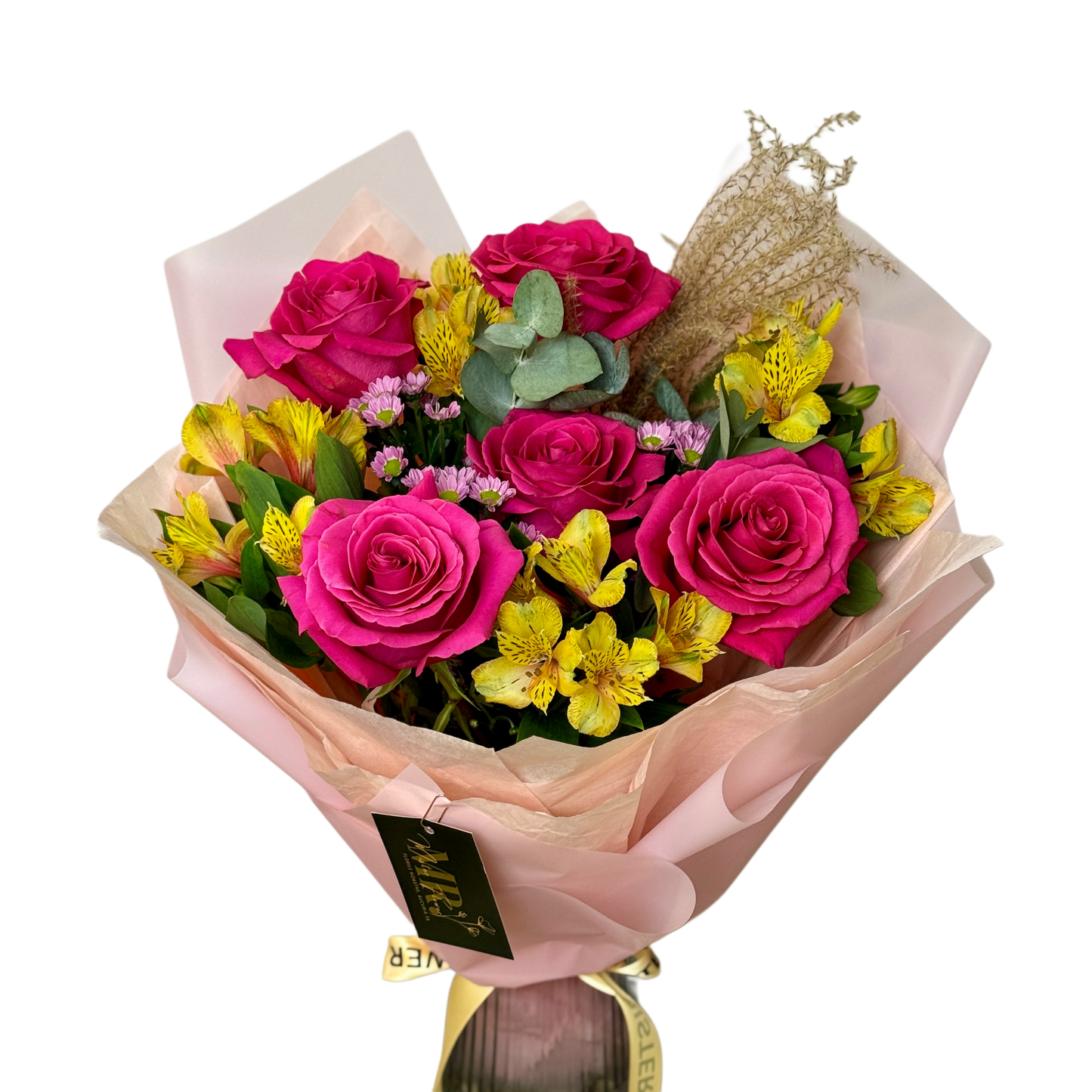 Buchet cu trandafiri fucsia și alstroemeria galbenă – Florăria Mister Flower Florești Cluj
