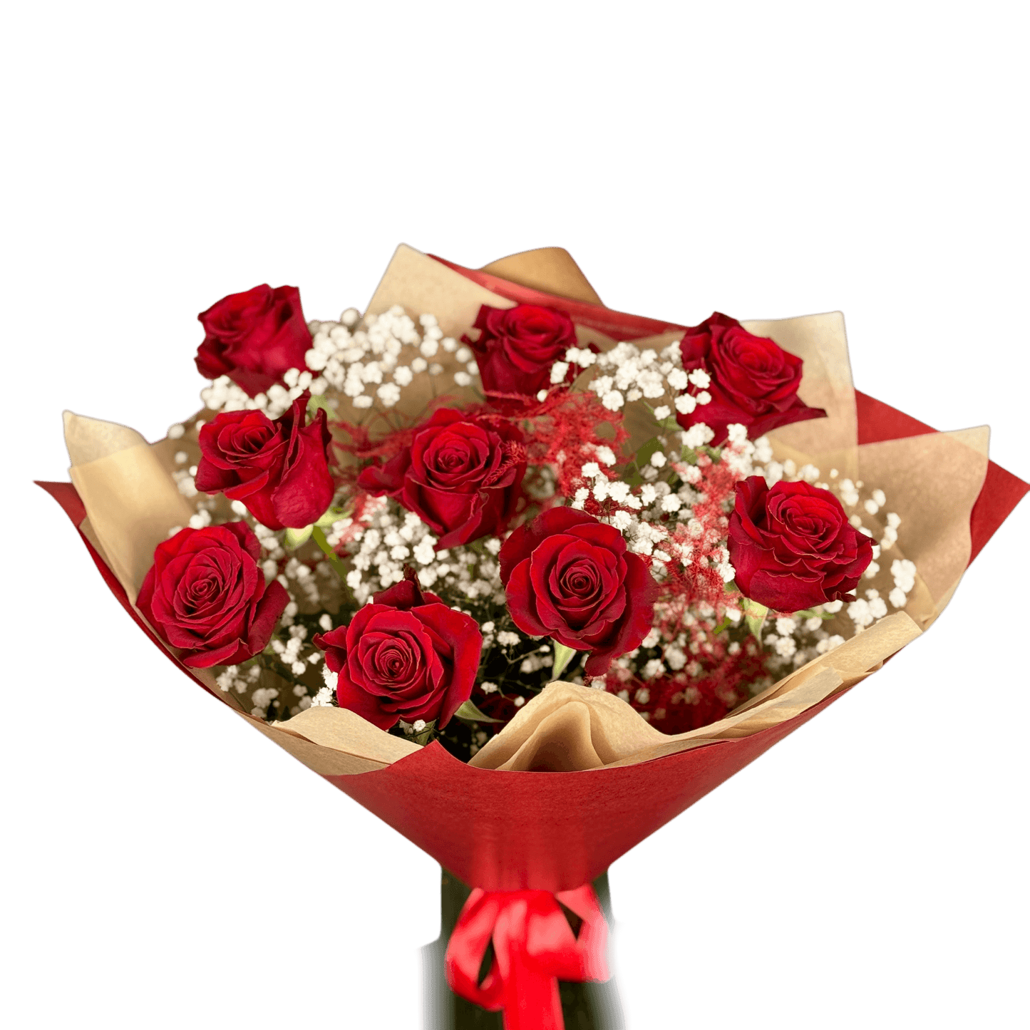 Buchet cu trandafiri roșii și gypsophila – eleganță clasică, livrare Cluj