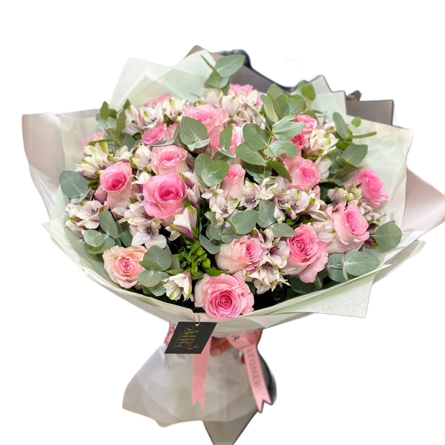 Buchet cu trandafiri roz și alstroemeria albă, accente de eucalipt – Florăria Mister Flower Florești Cluj