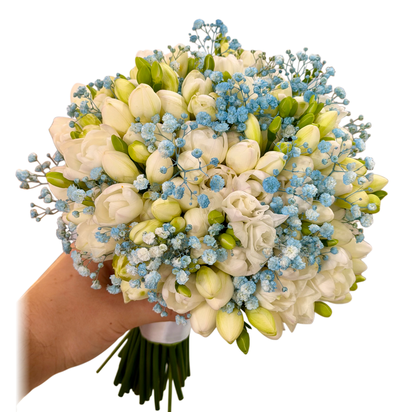 Buchet de mireasă Blue Freesia cu frezii albe și gypsophila bleu