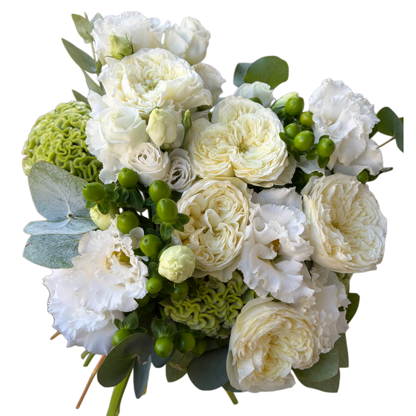 Buchet de mireasă alb Everlasting White cu trandafiri garden și eucalipt în Cluj-Napoca