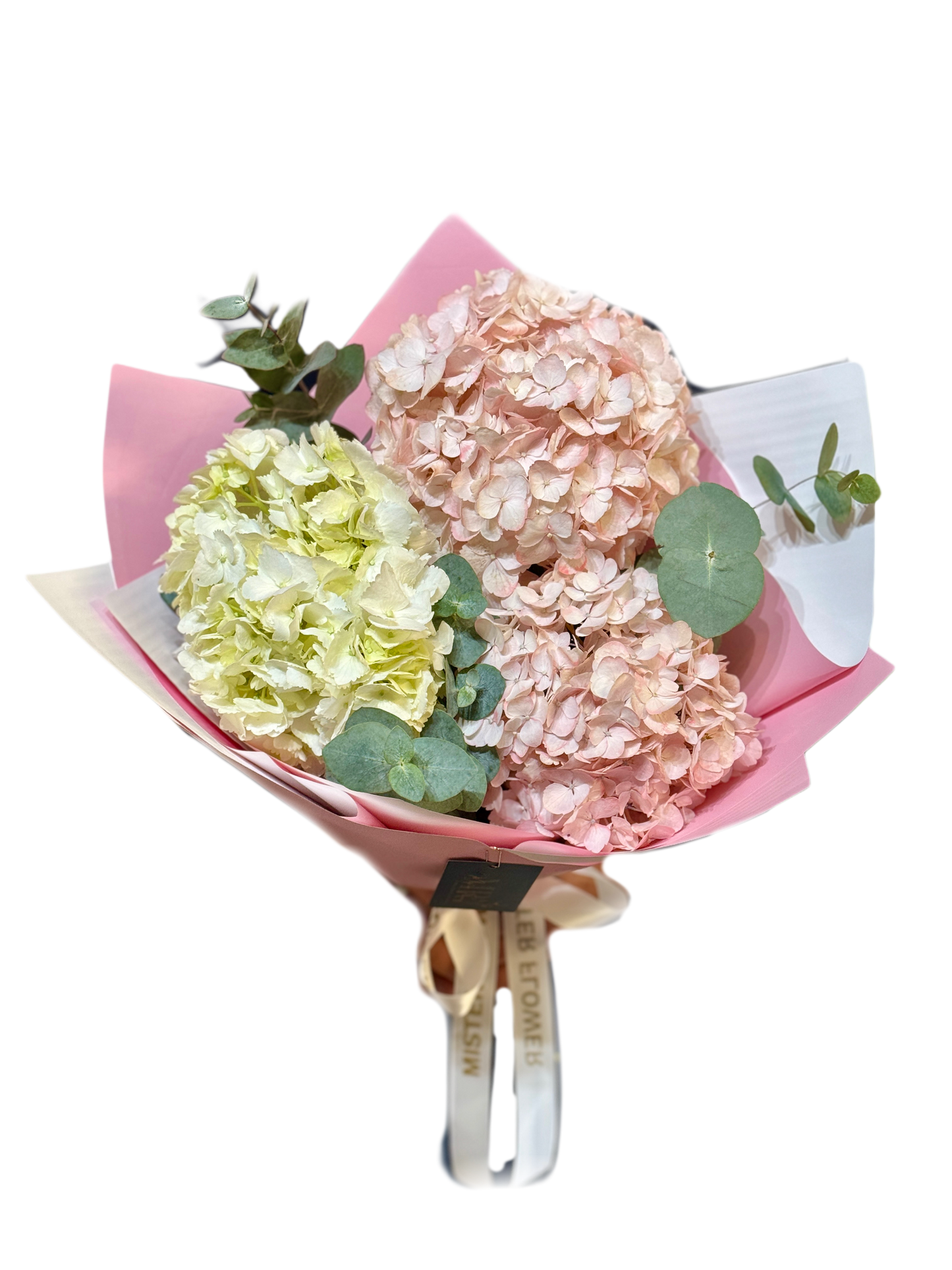 Buchet de Hortensii și Eucalipt – Eleganță Naturală și Delicatețe