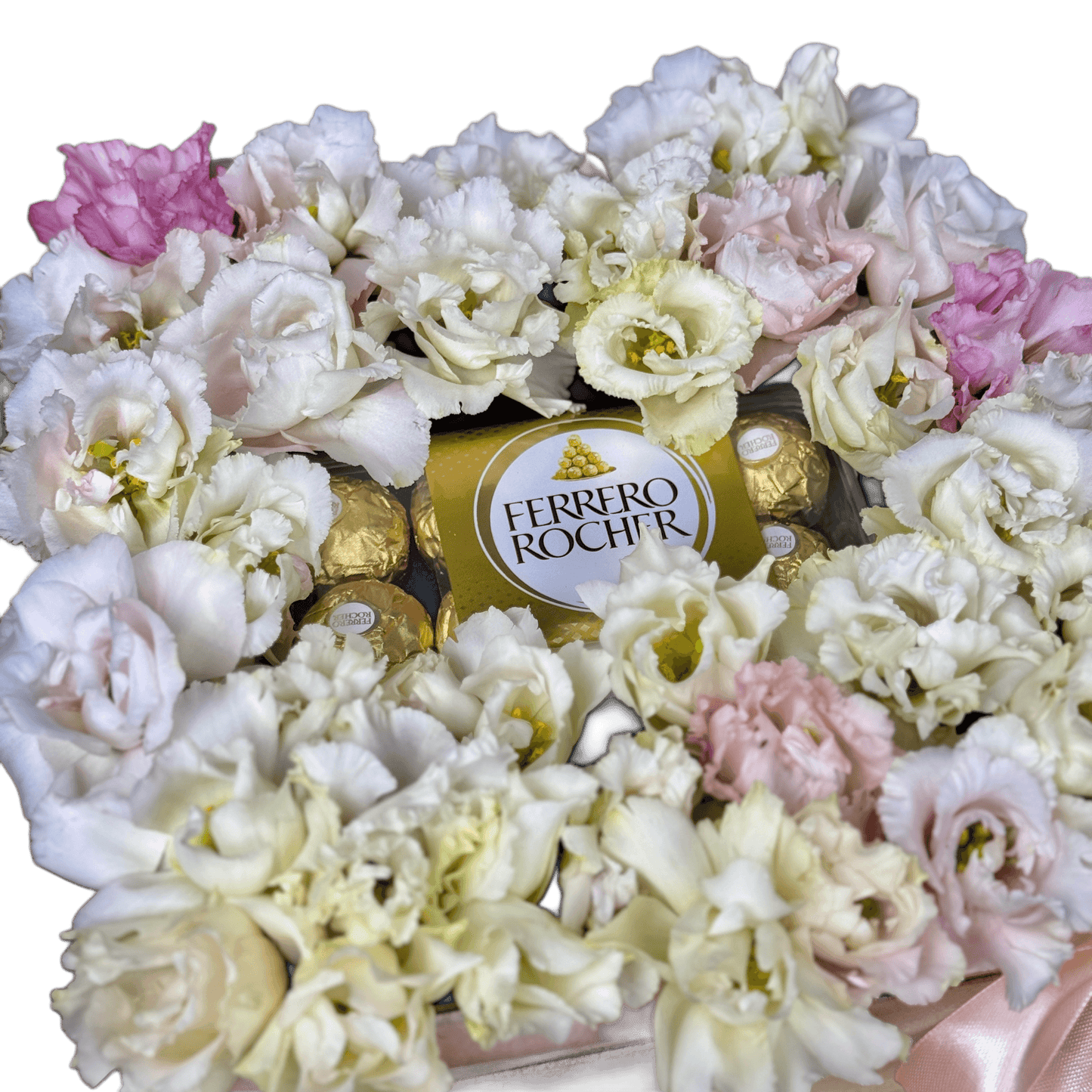Eustoma și praline cadou – flori elegante și ciocolată fină livrare Cluj