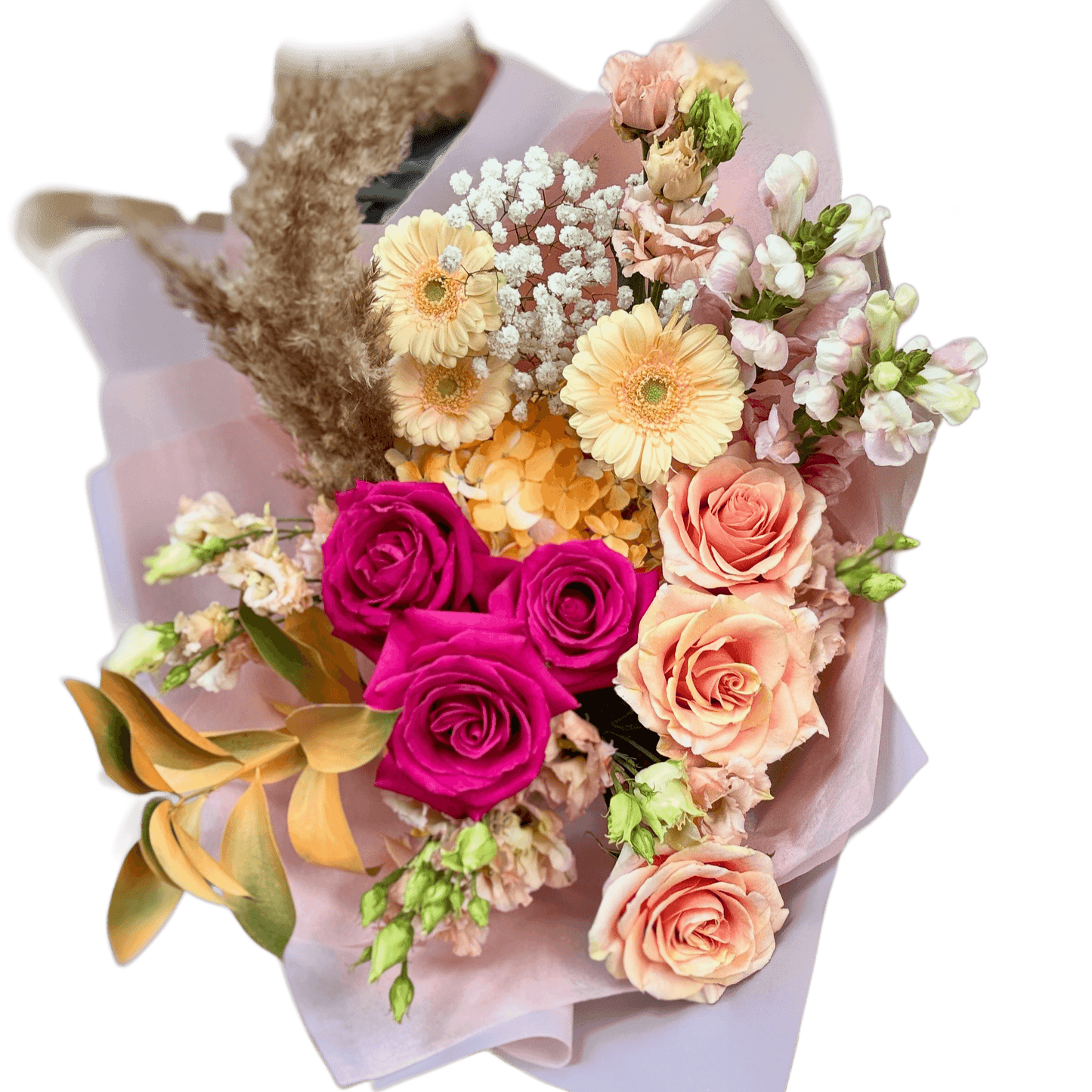 Buchet elegant cu trandafiri fucsia, hortensie galbenă și flori pastel – livrare Cluj