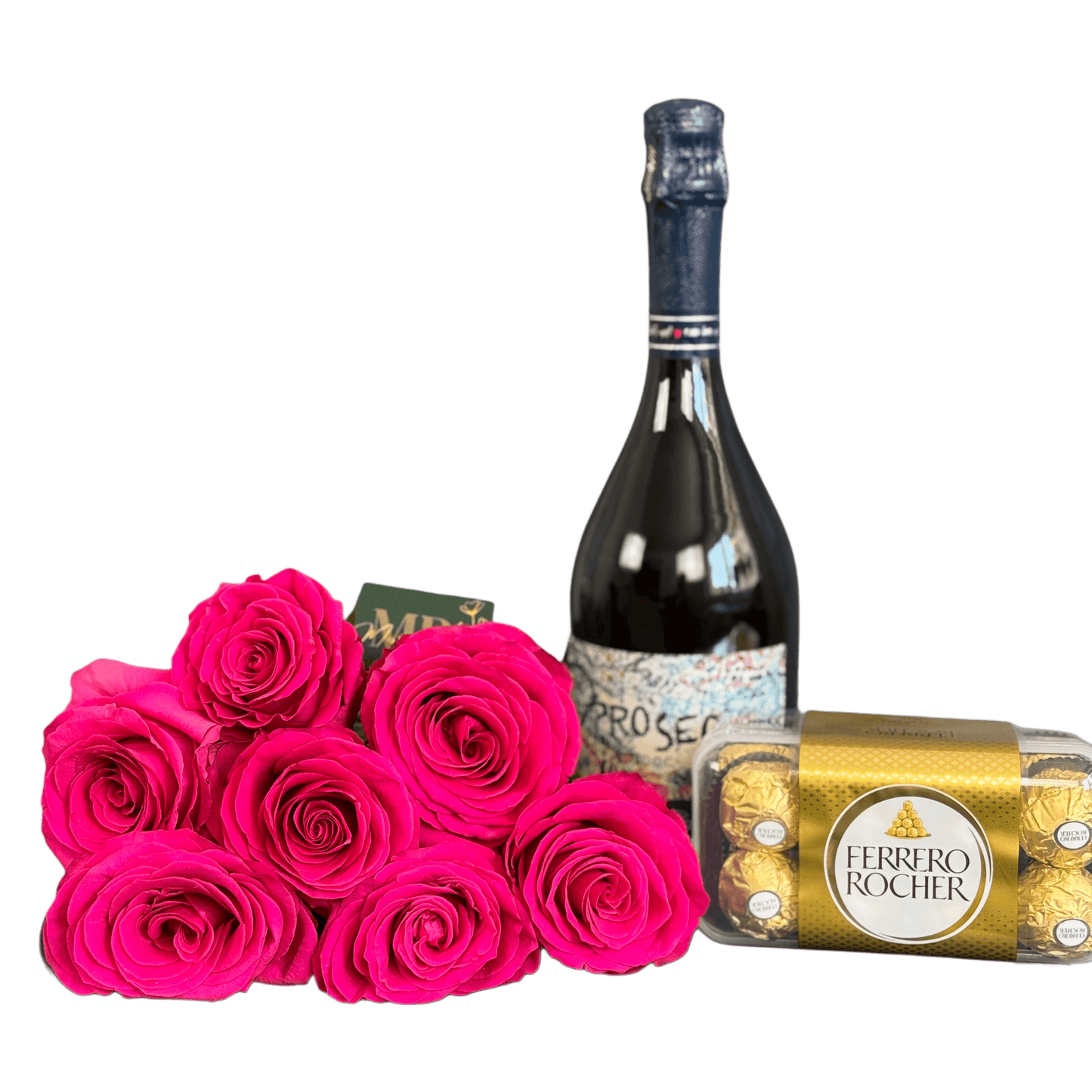 Cadou romantic cu trandafiri și praline – flori fucsia, prosecco, livrare Cluj