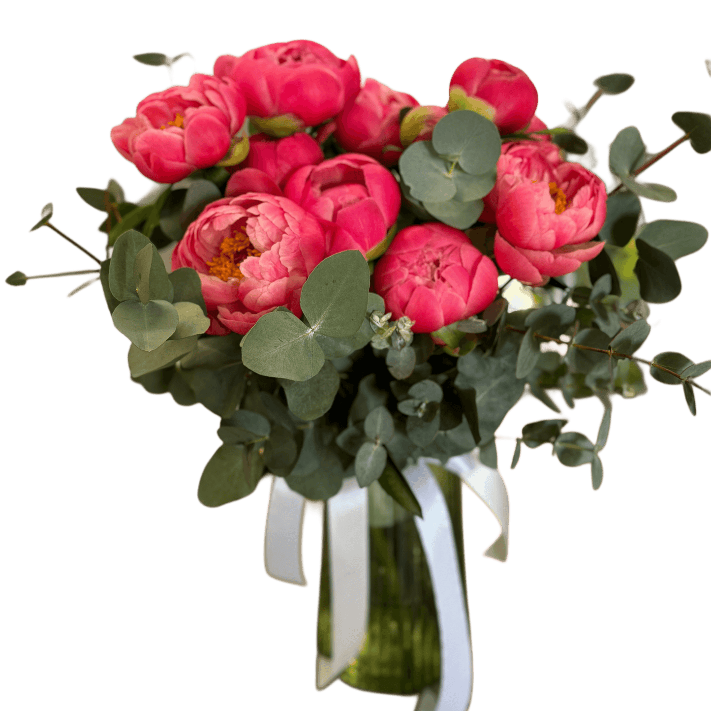 Buchet de mireasa cu bujori si eucalipt