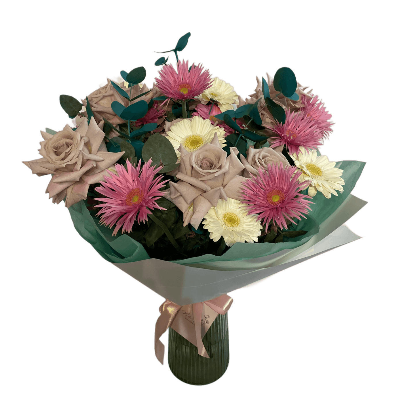 Buchet cu trandafiri, germini și eucalipt – flori elegante, livrare Cluj