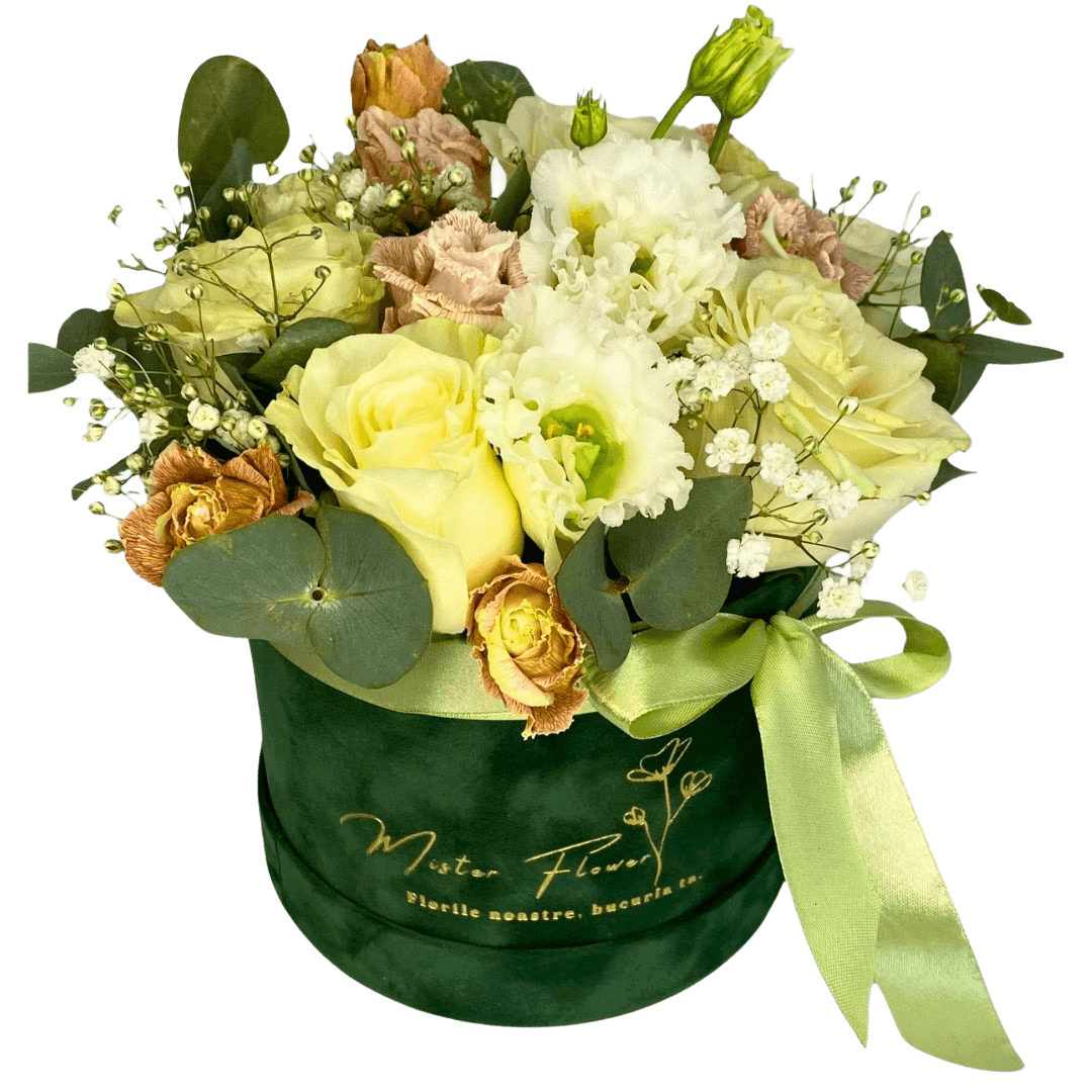 Aranjament cu trandafiri albi și eustoma – flori elegante, livrare Cluj