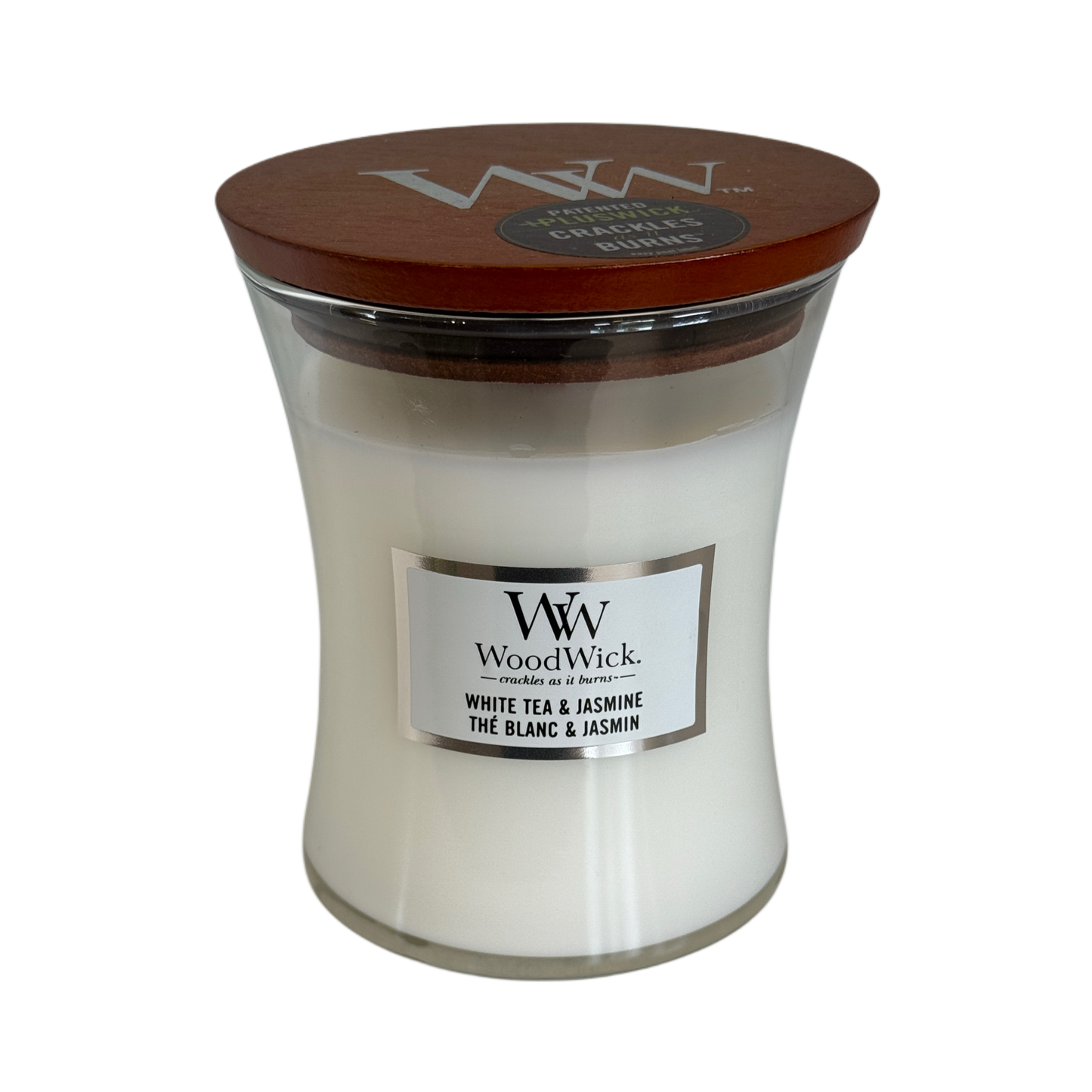 Lumânare parfumată WoodWick White Tea & Jasmine cu fitil din lemn, parfum floral, disponibilă la Florăria Mister Flower Florești, Cluj