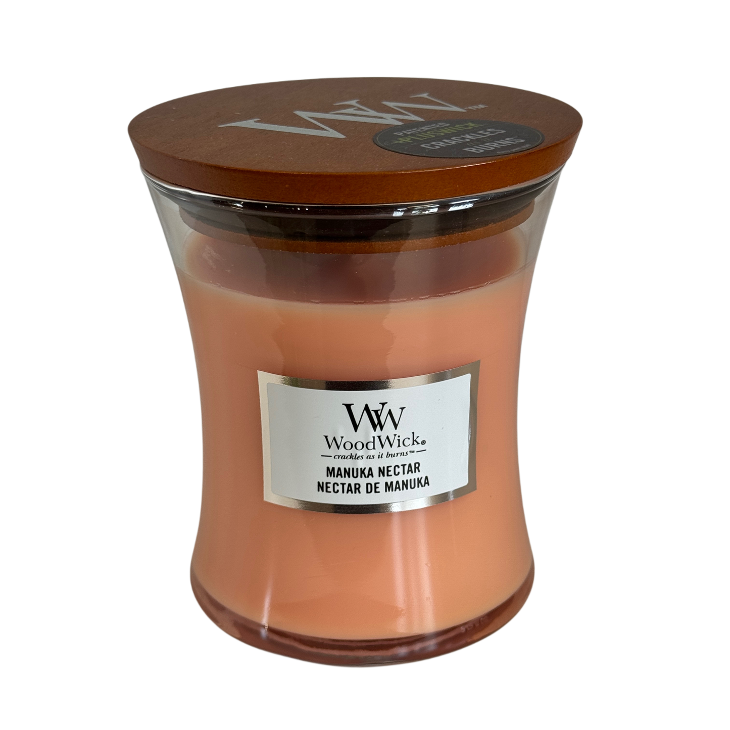 Lumânare parfumată WoodWick Manuka Nectar cu fitil din lemn, parfum exotic, disponibilă la Florăria Mister Flower Florești, Cluj
