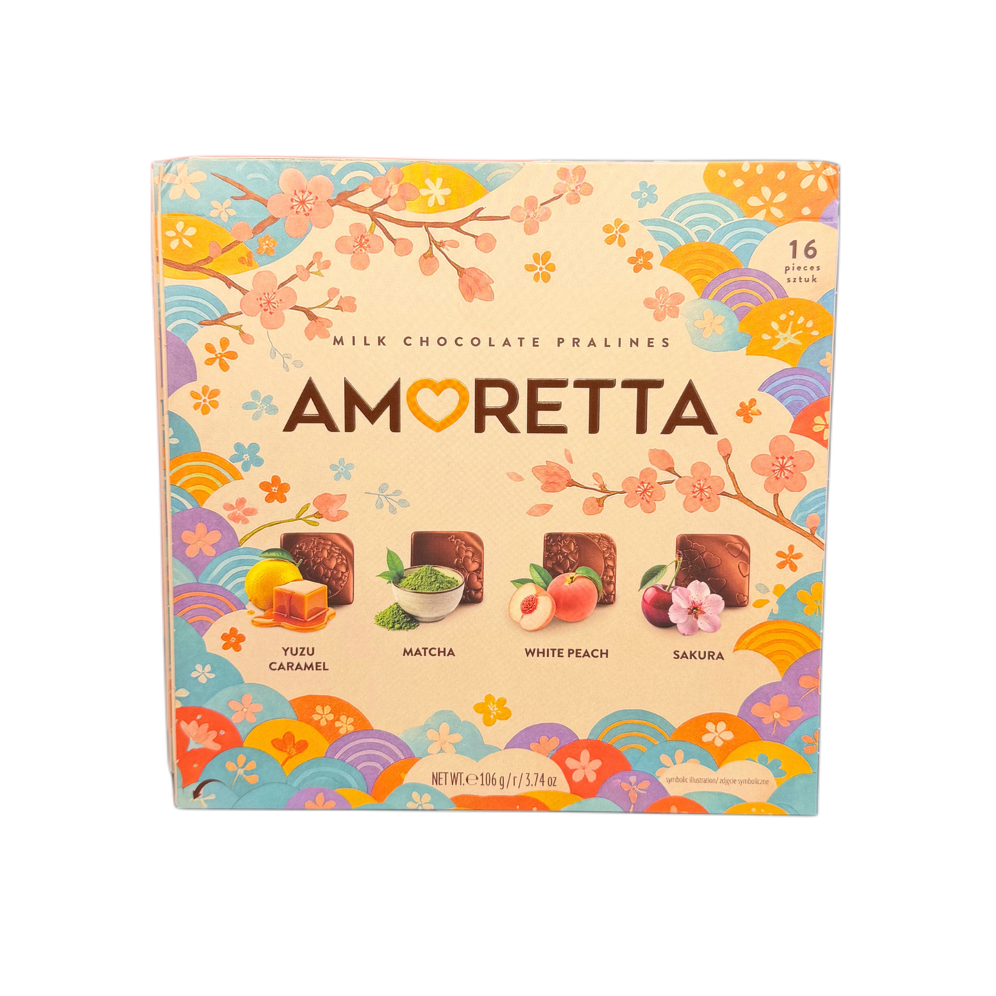 Praline Amoretta Japanese Flavours cu Yuzu Matcha White Peach și Sakura