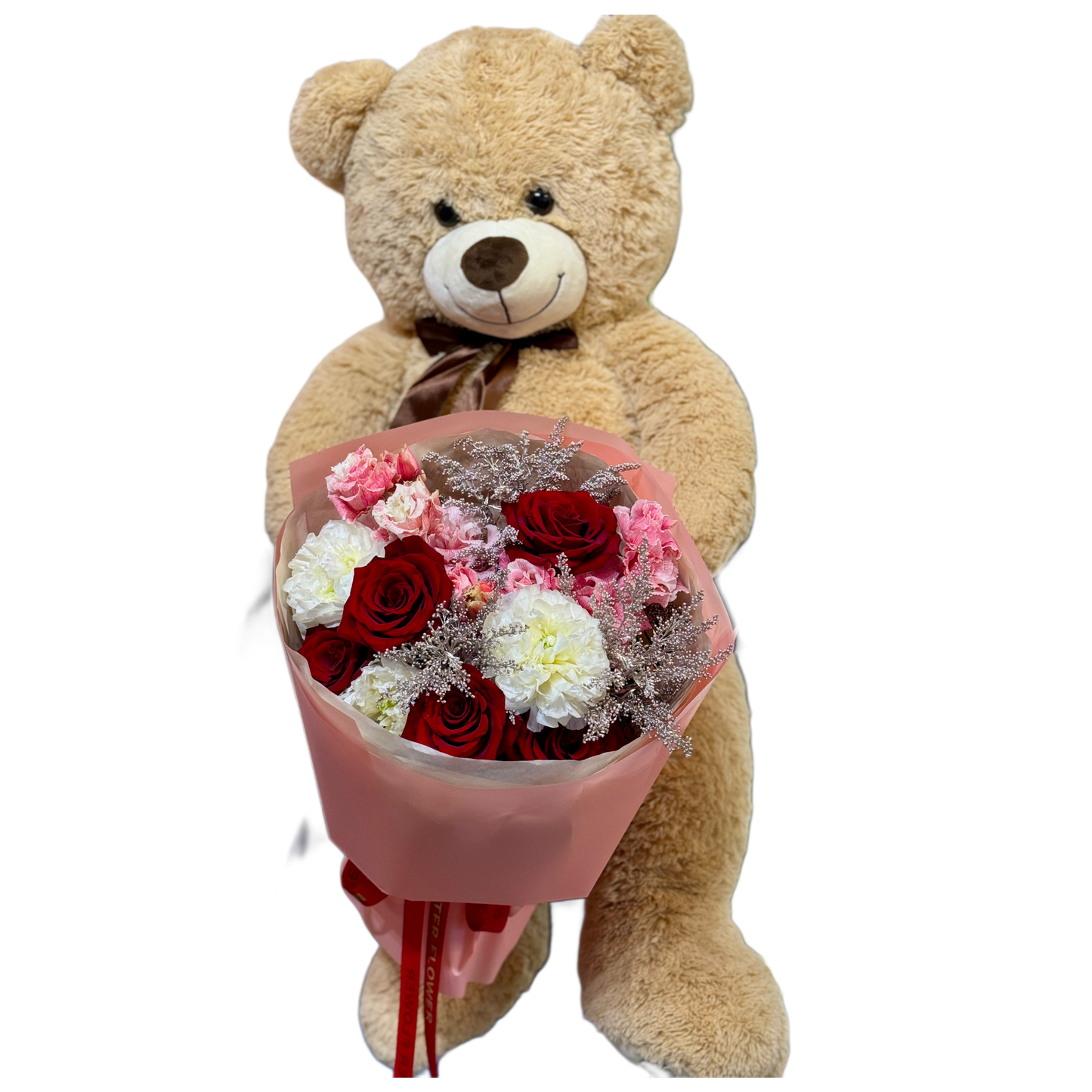 Ursuleț de pluș 1 metru cu buchet de trandafiri roșii și bujori albi – Mister Flower