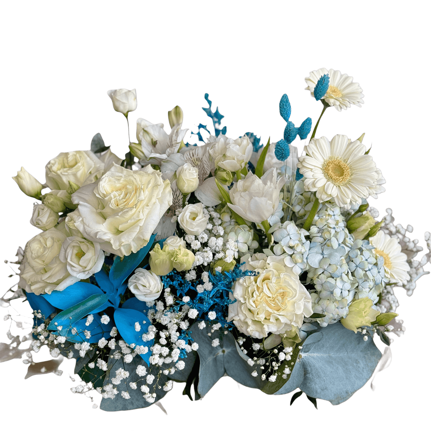 Aranjament floral botez alb albastru pentru masă – livrare Cluj