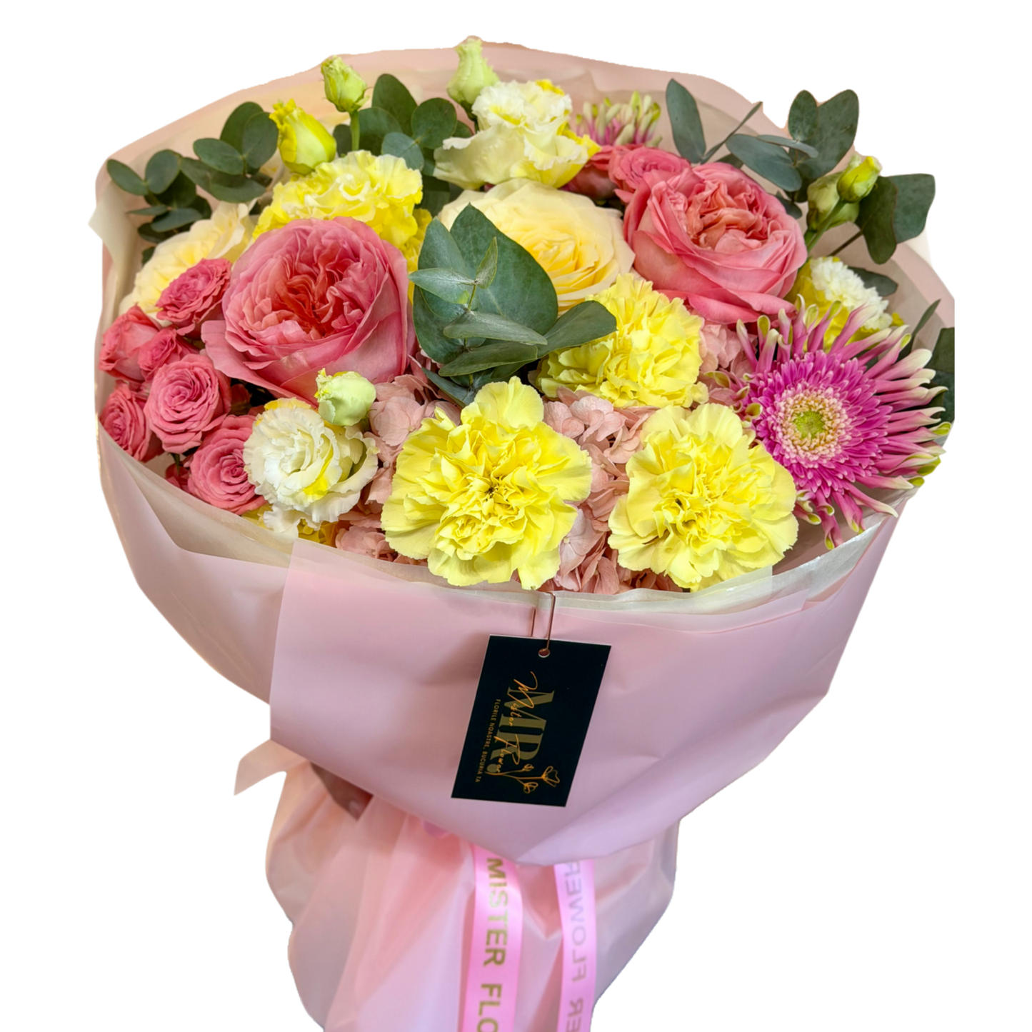 Buchet Lemon Blush cu trandafiri de grădină roz, garofițe galbene, miniroze, eustoma și gerbera roz.
