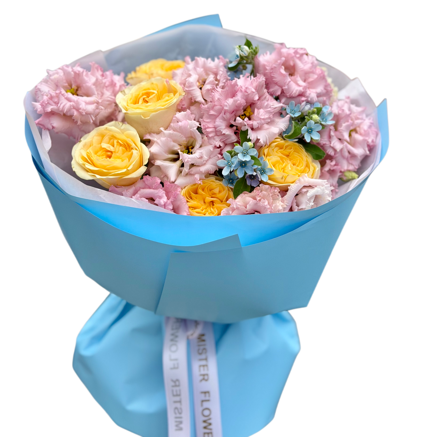 Buchet de flori roz și galbene în ambalaj bleu – Mister Flower Cluj