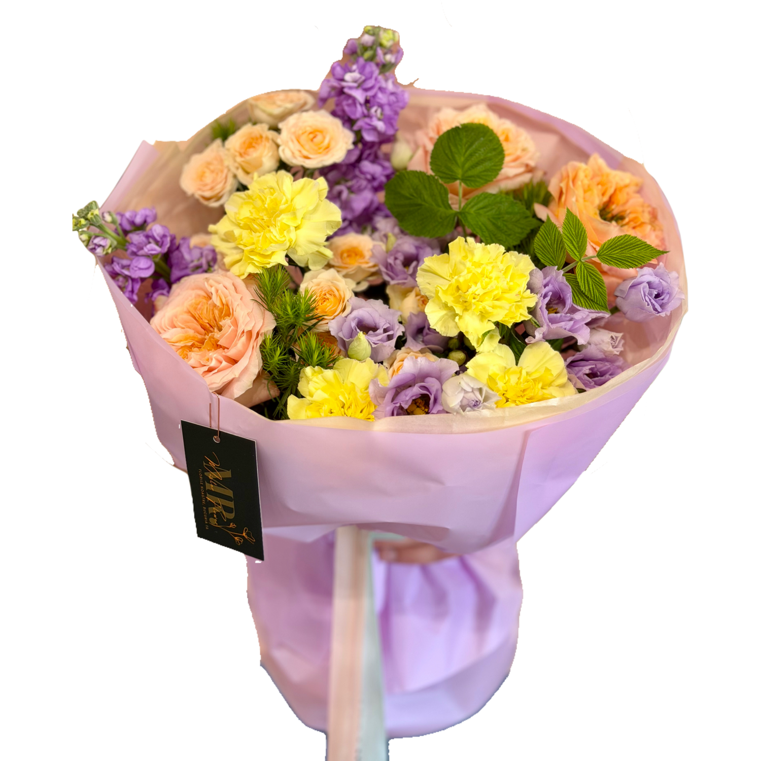 Buchet Apricot Melody cu trandafiri de grădină, mathiola mov, miniroze crem, eustoma lila și garofițe galbene