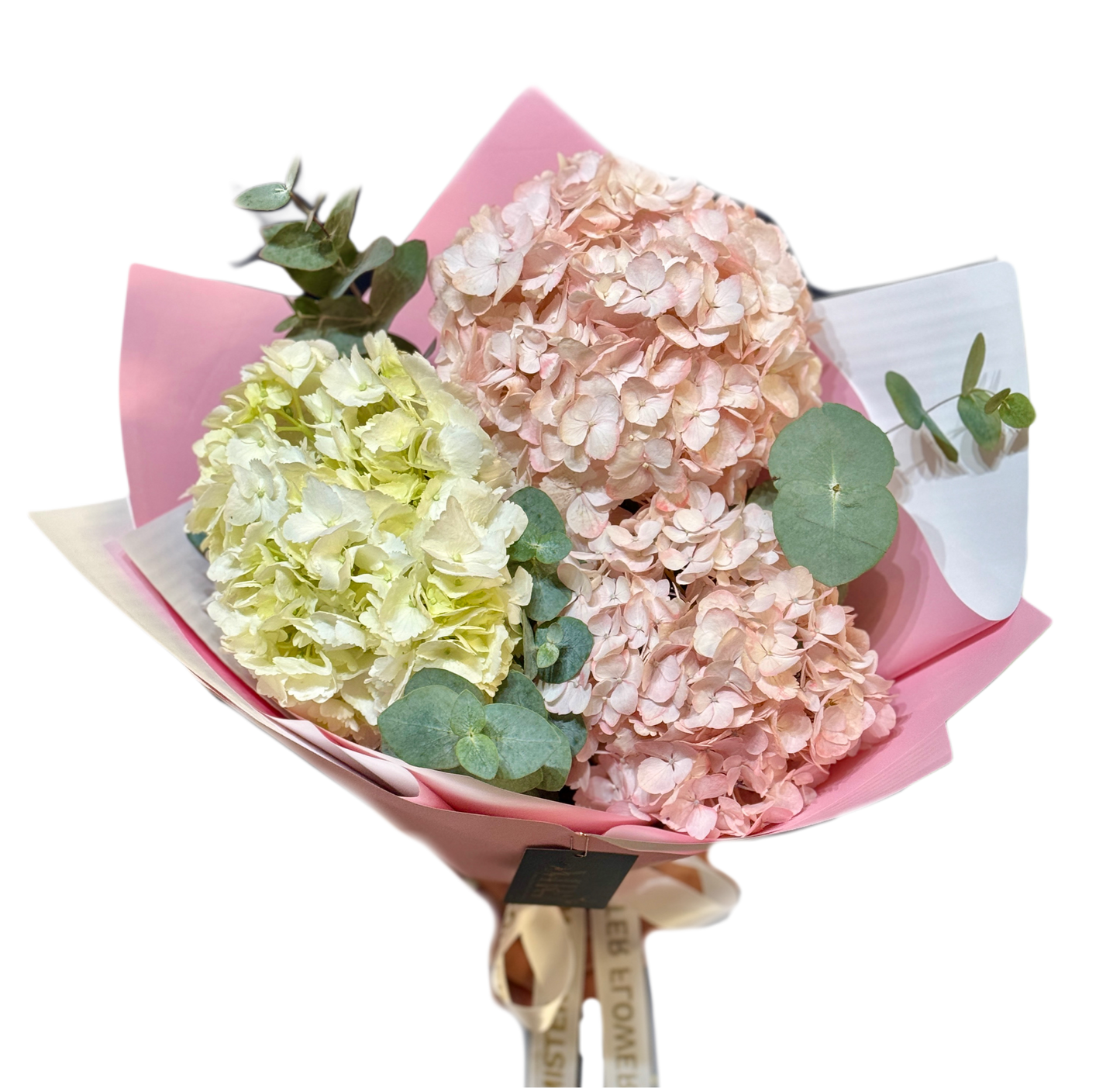 Buchet de Hortensii și Eucalipt – Eleganță Naturală și Delicatețe