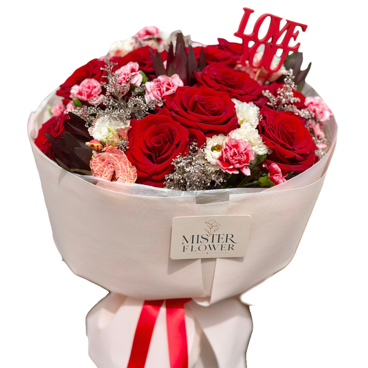 Buchet „Love You” cu trandafiri roșii și eustoma