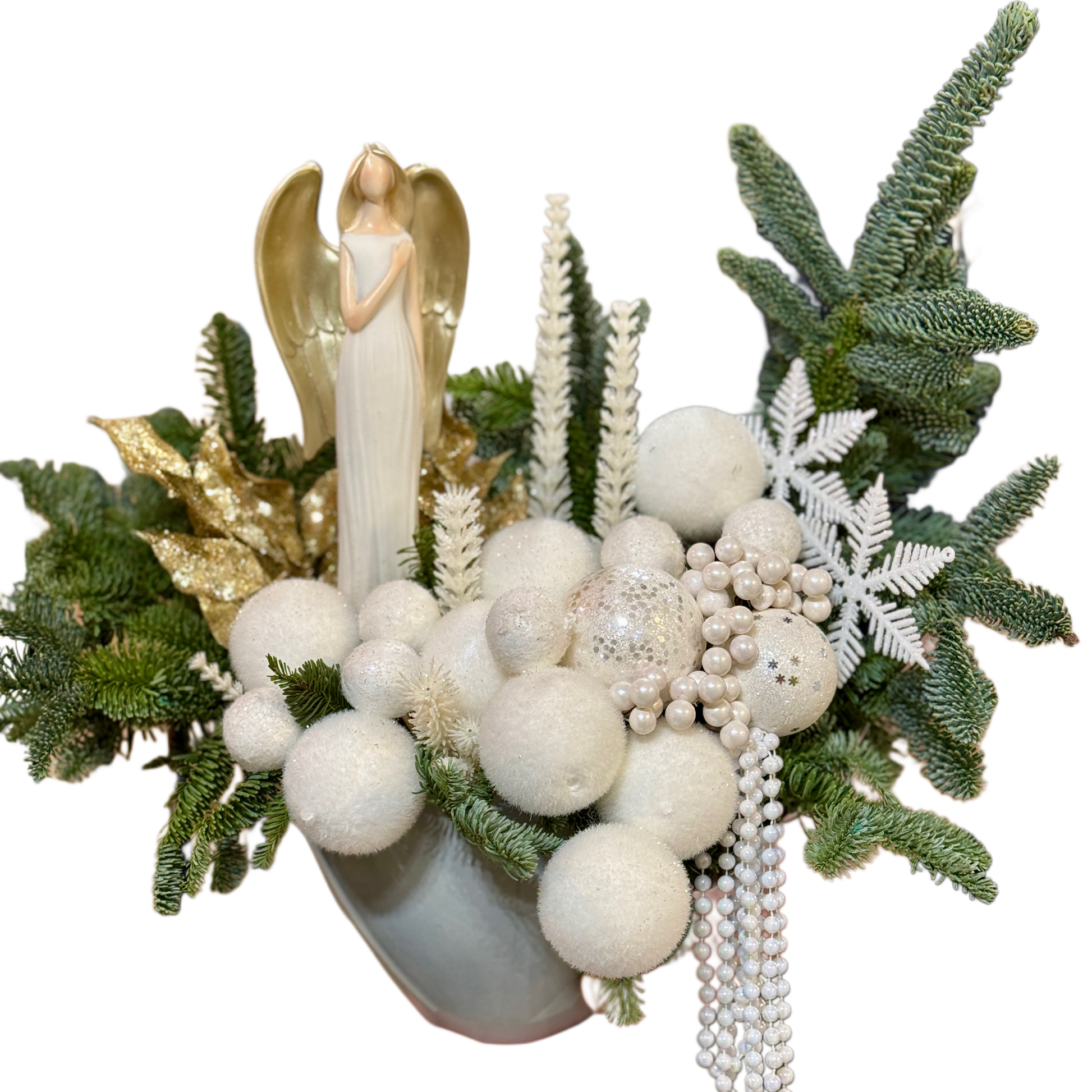 Angel of Winter – aranjament de Crăciun cu înger decorativ alb și auriu