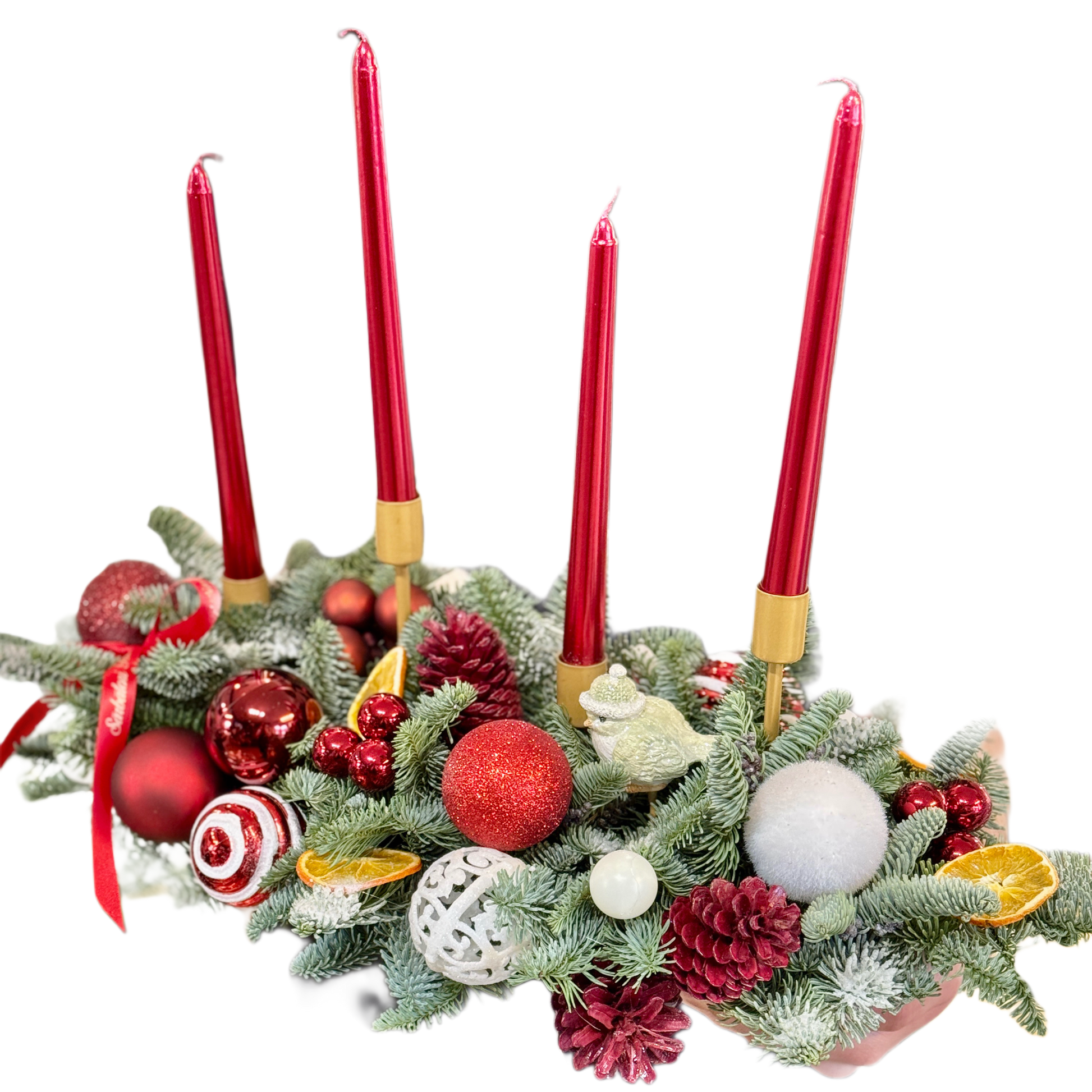 Aranjament Advent cu patru lumânări roșii și brad natural