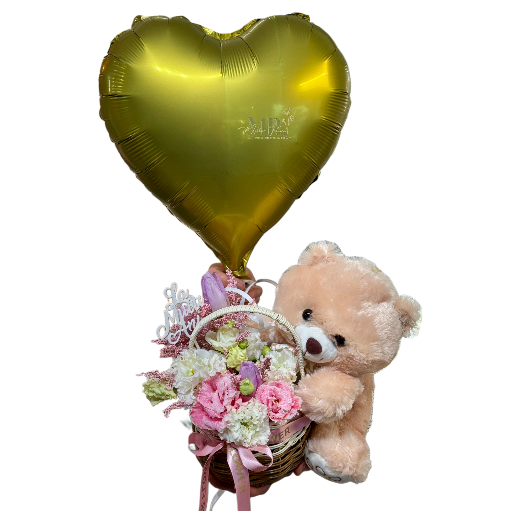 Aranjament „Love in a Basket” cu flori, ursuleț și balon inimă – Mister Flower Florești