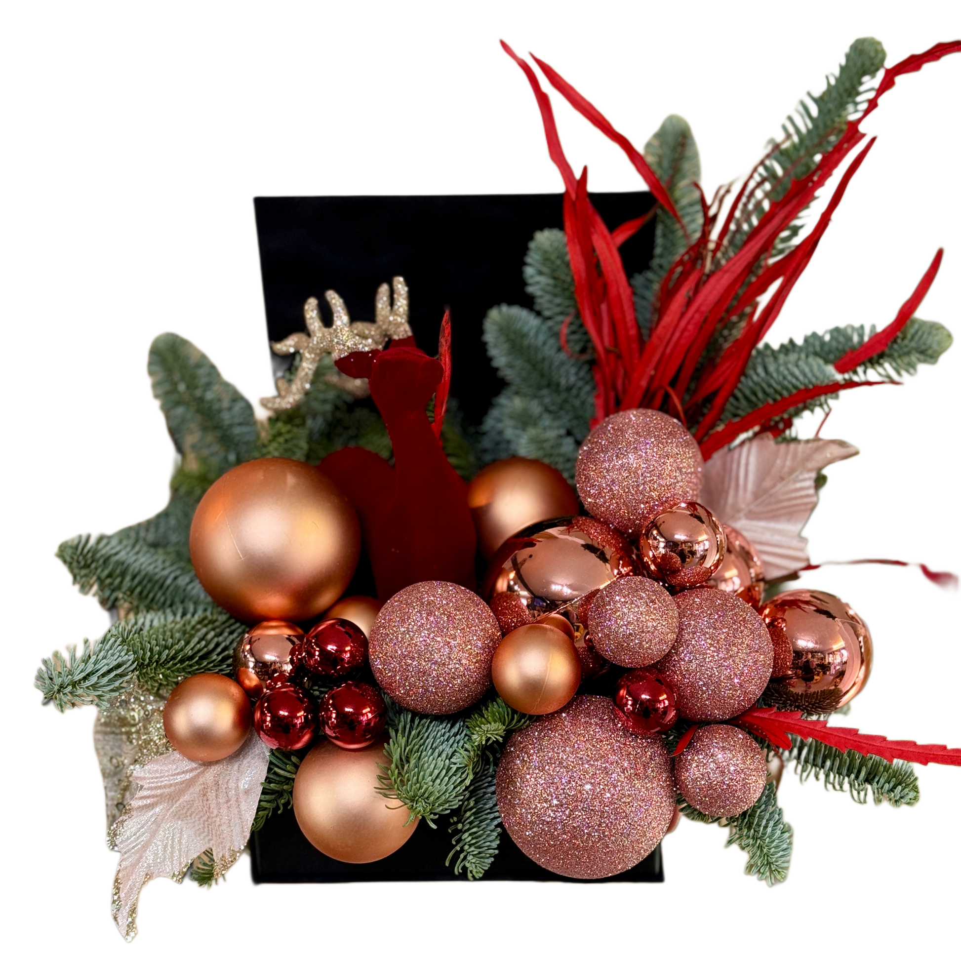 Aranjament Rose Gold Christmas Glam cu globuri rose-gold și brad natural