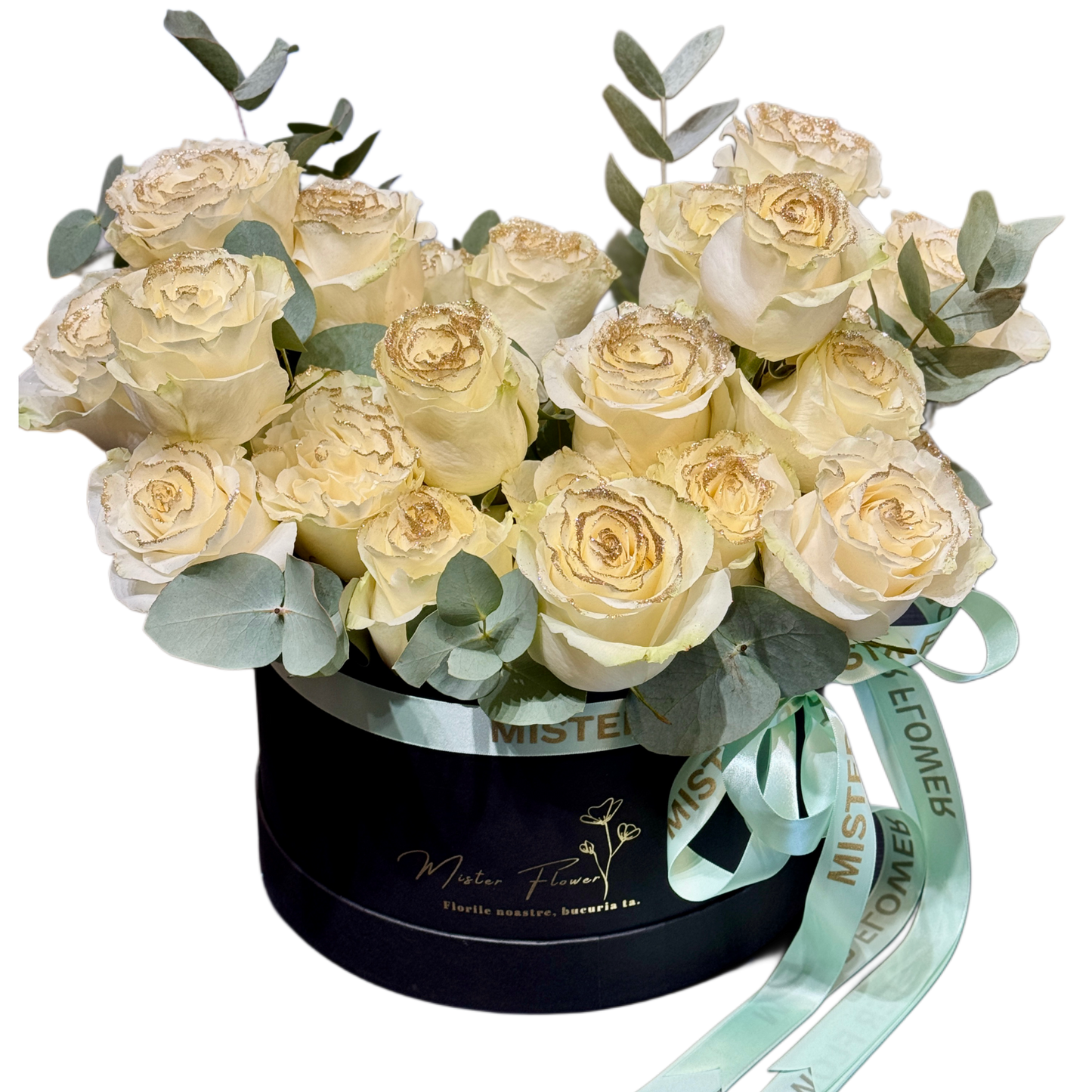 Aranjament cu trandafiri albi și sclipici auriu în cutie Mister Flower Florești Cluj