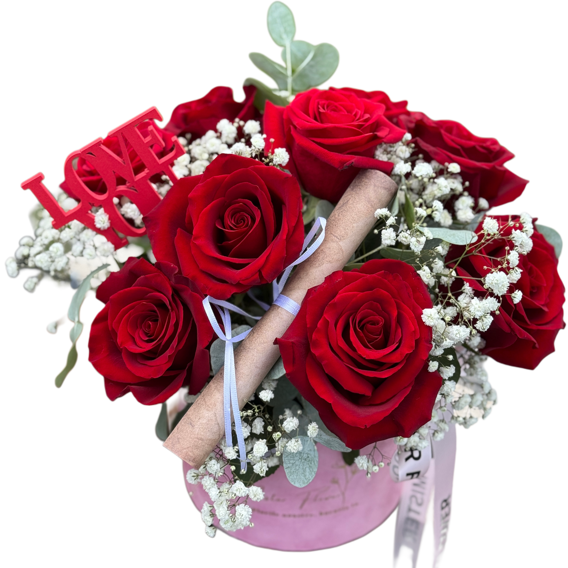 Aranjament cu trandafiri roșii în cutie roz, decor Love – Florăria Mister Flower Florești Cluj