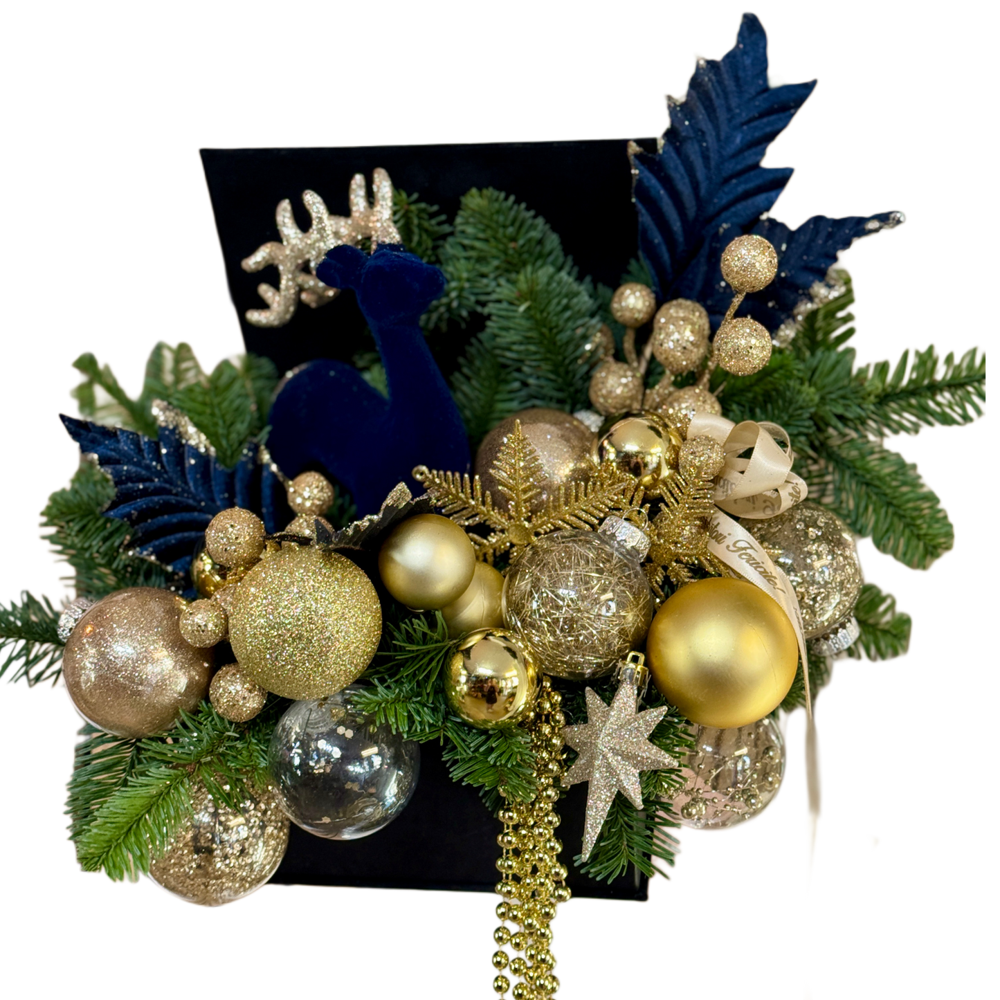 Aranjament festiv Midnight Gold Christmas Box cu globuri aurii și ren albastru