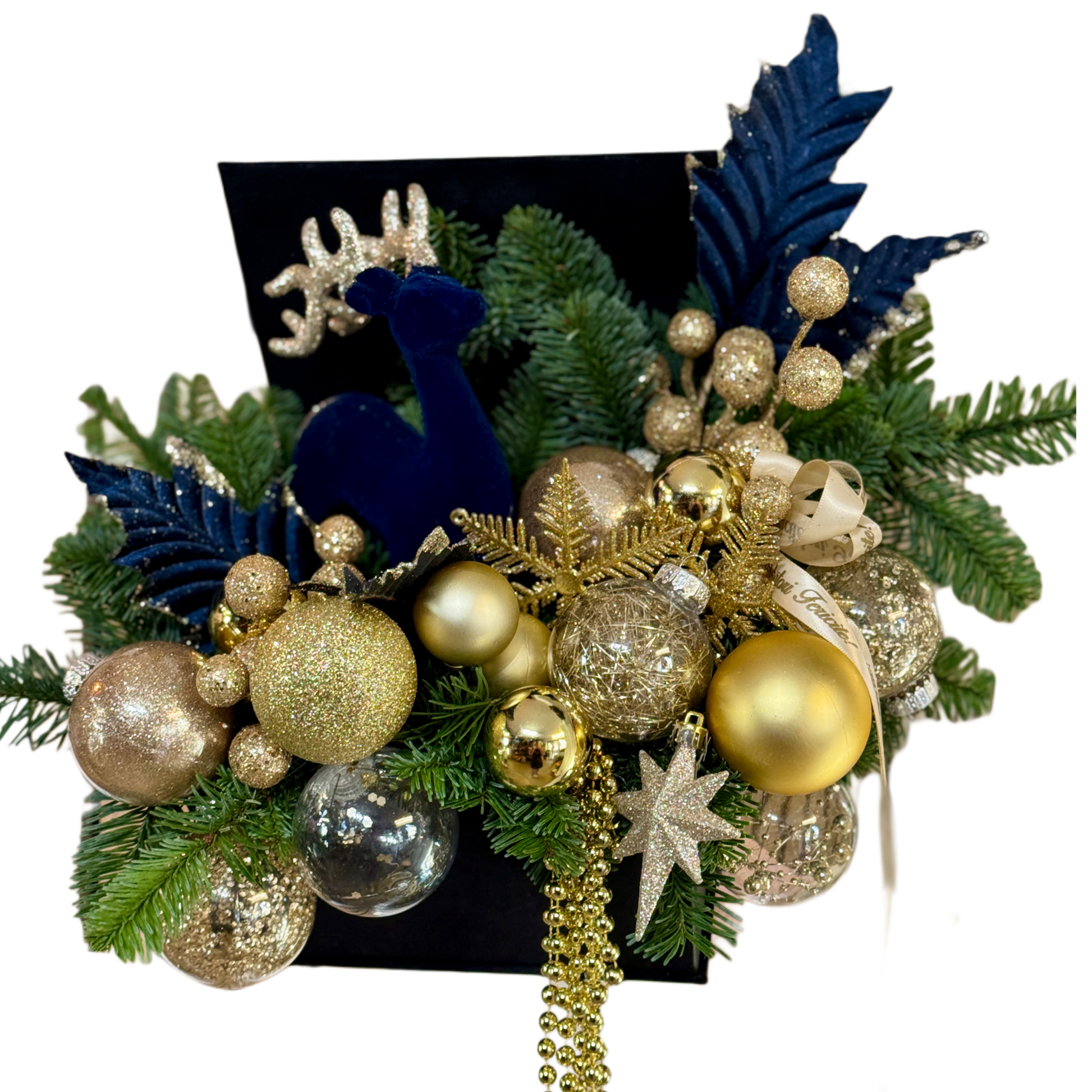 Aranjament festiv Midnight Gold Christmas Box cu globuri aurii și ren albastru
