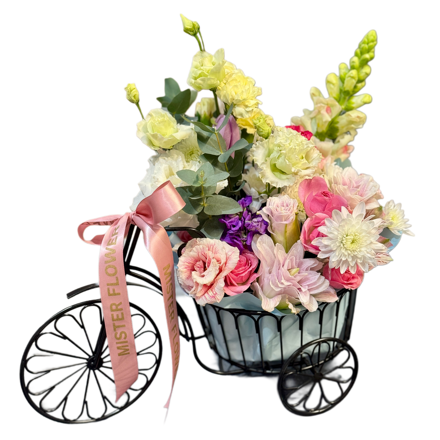 Aranjament floral „Plimbare de Primăvară” în bicicletă decorativă cu flori pastel – Mister Flower Florești