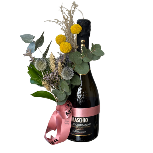 Aranjament floral cu prosecco cadou elegant pentru ea și el – livrare Cluj

