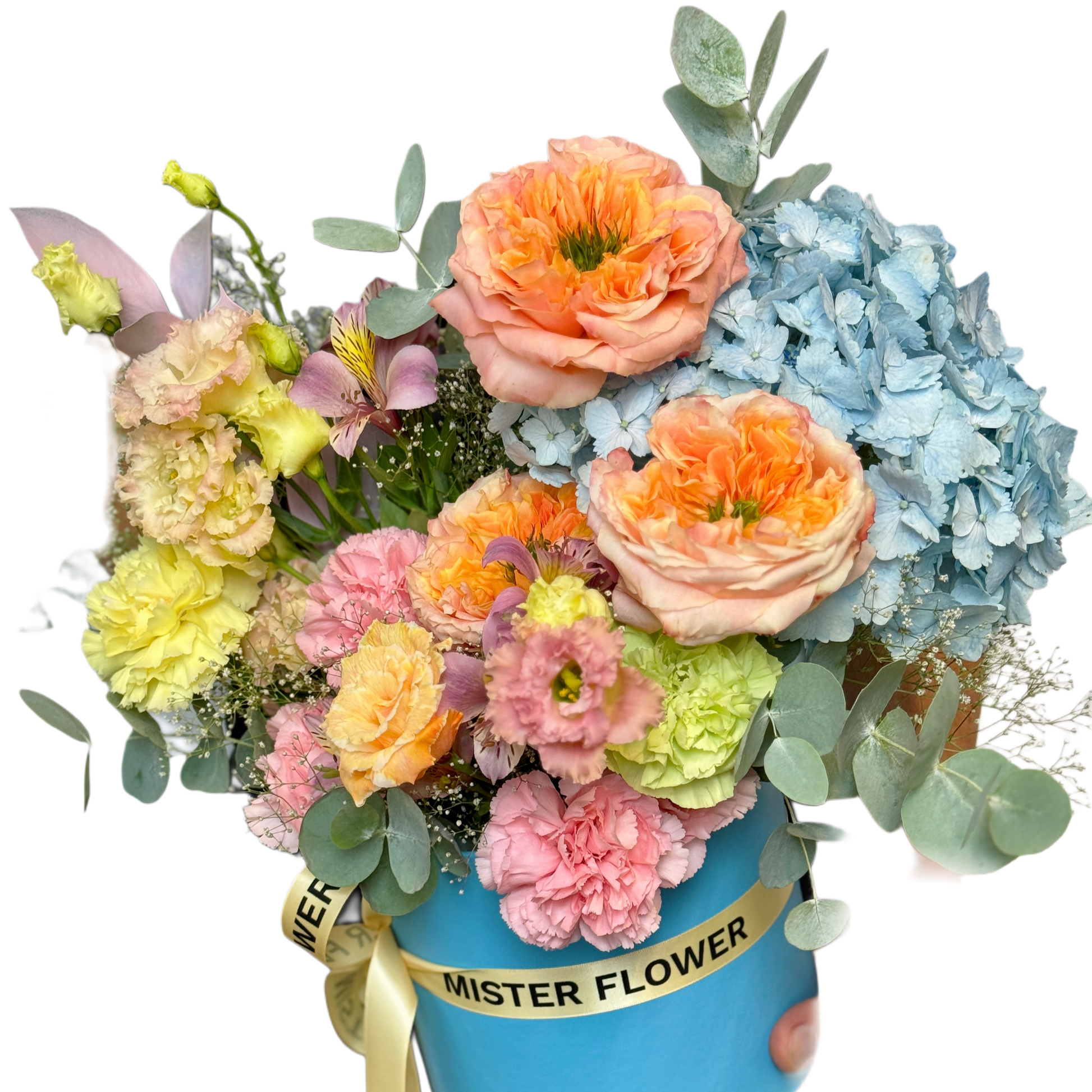 Aranjament floral mixt în cutie albastră cu hortensii și trandafiri corali – Florăria Mister Flower Florești Cluj