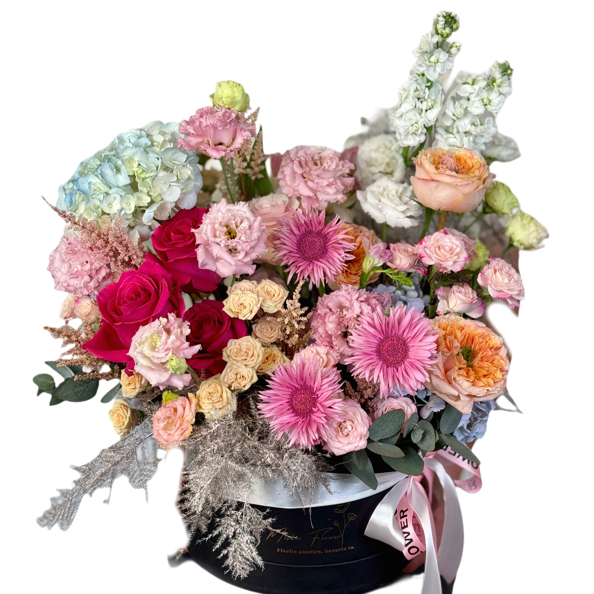 Aranjament floral mixt în cutie elegantă cu trandafiri, hortensii și crizanteme – Florăria Mister Flower Florești Cluj