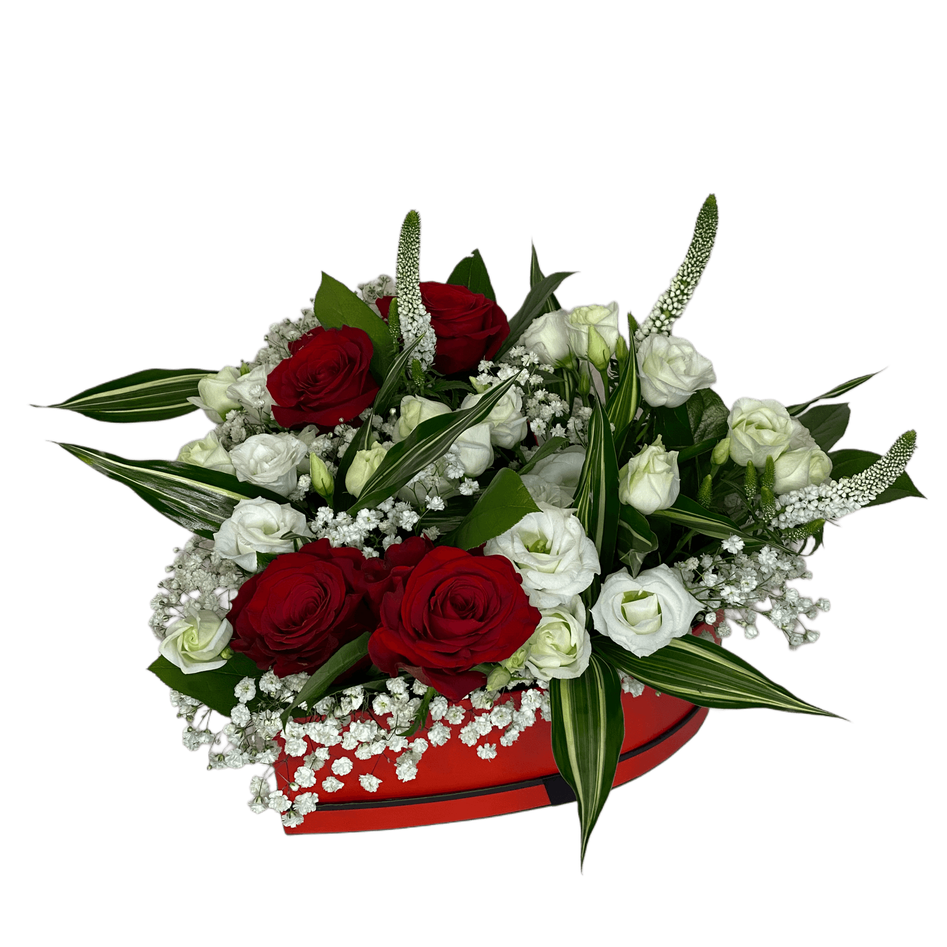 Aranjament floral cu trandafiri, eustoma și veronica, livrare Cluj și Florești