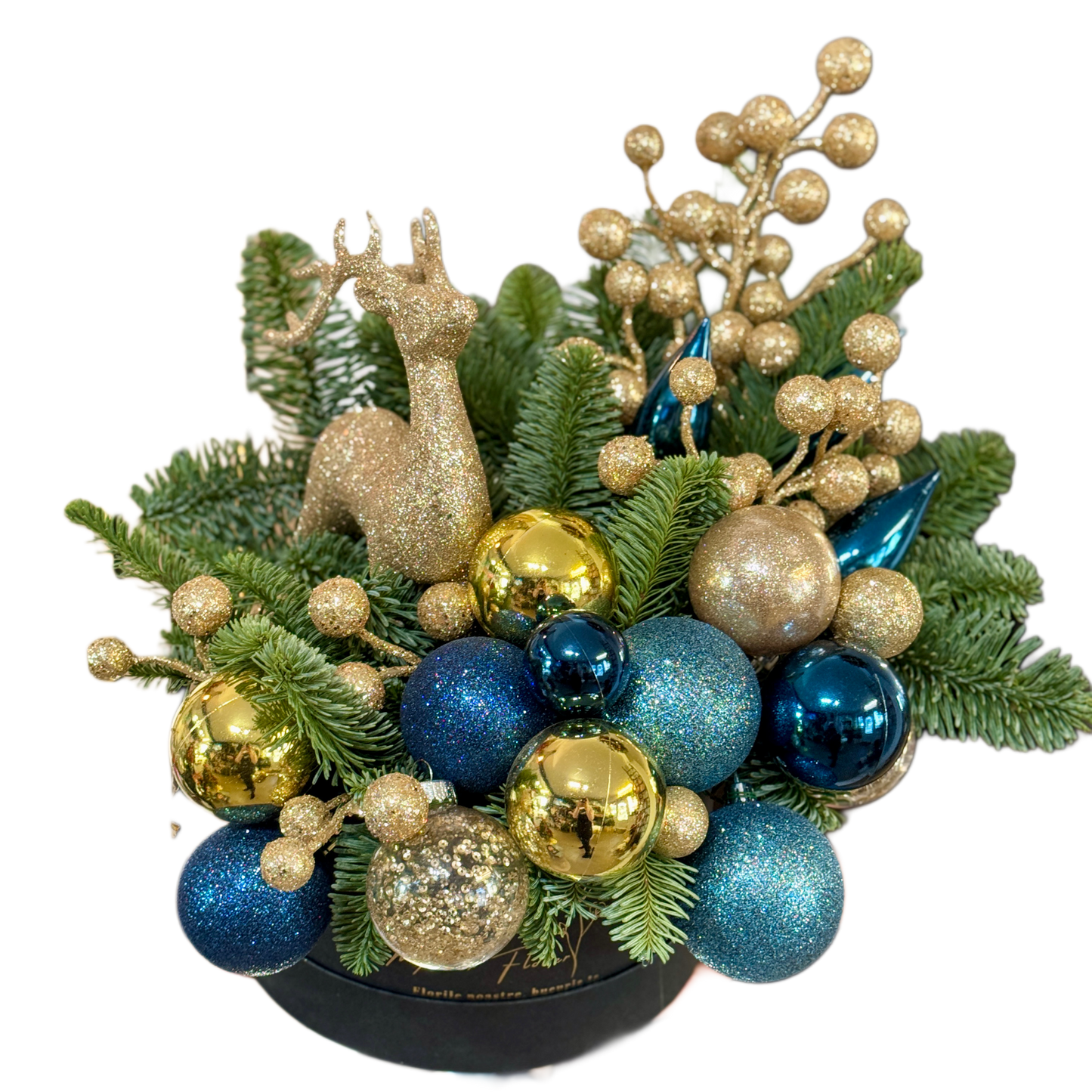Blue & Gold Reindeer – aranjament de Crăciun cu ren decorativ și globuri albastre