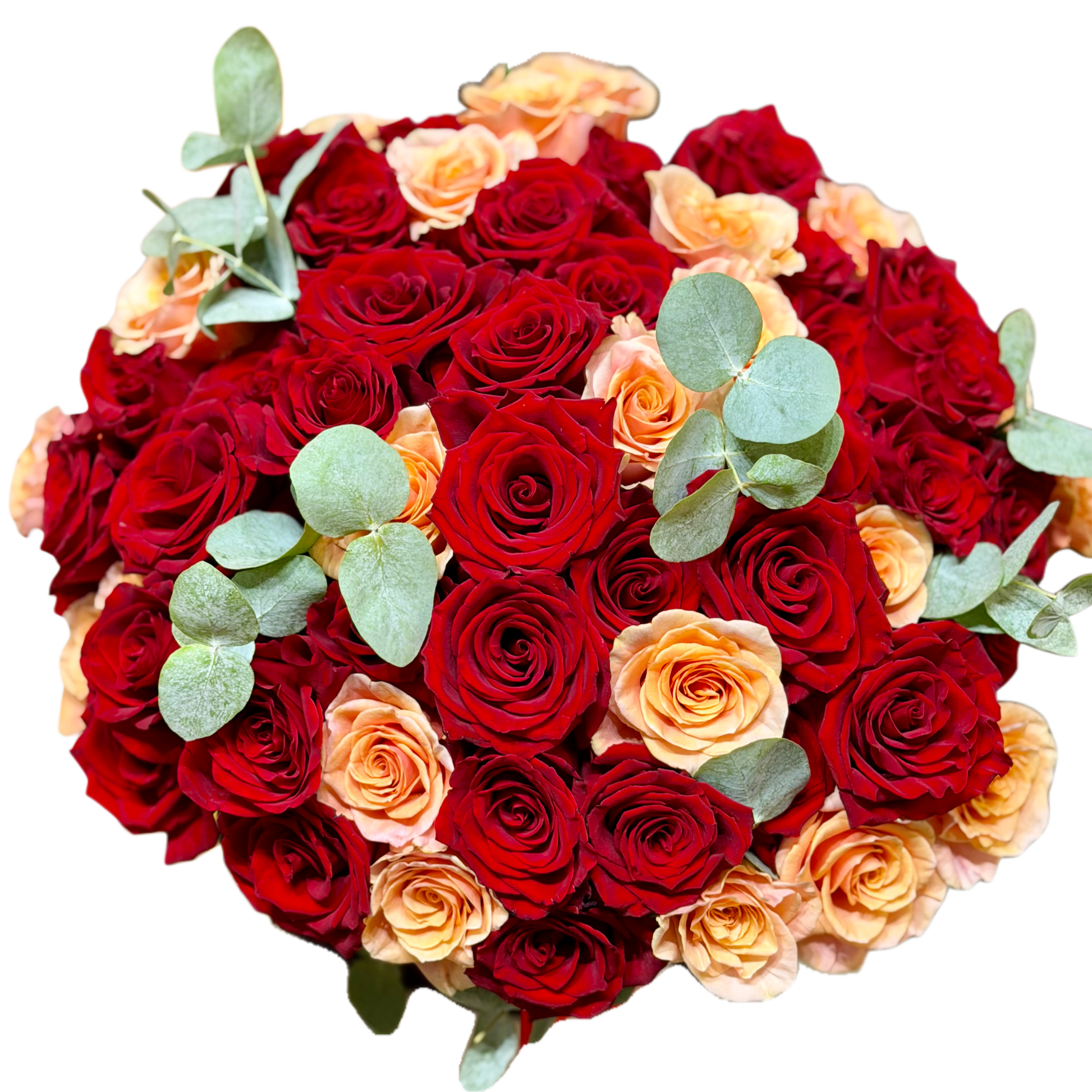 Buchet Amore 60 cu 60 de trandafiri roșii și piersică, Mister Flower
