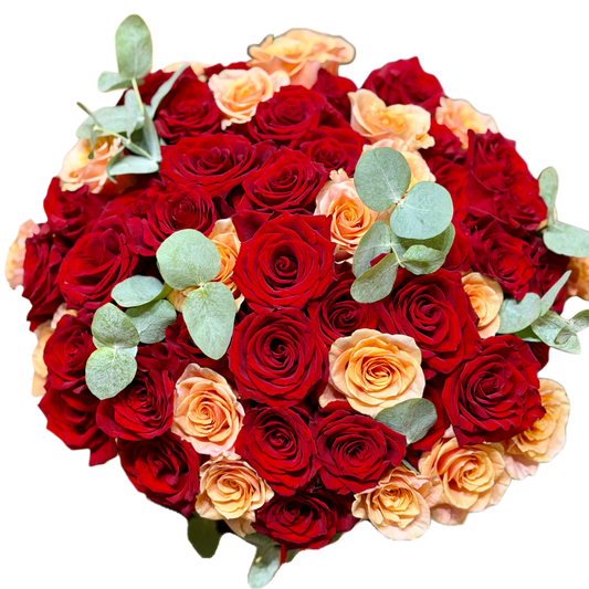 Buchet Amore 60 cu 60 de trandafiri roșii și piersică, Mister Flower