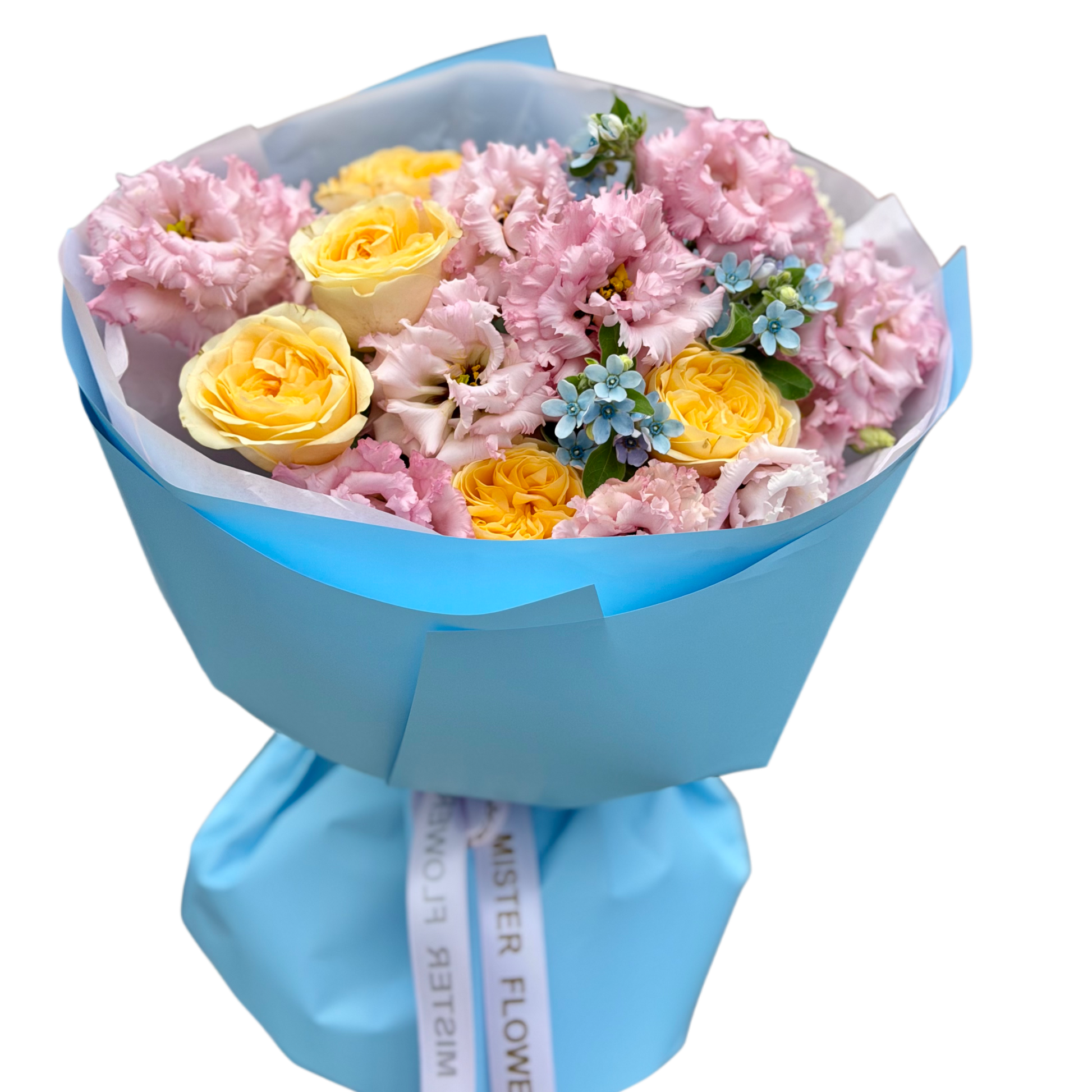 Buchet de flori roz și galbene în ambalaj bleu – Mister Flower Cluj