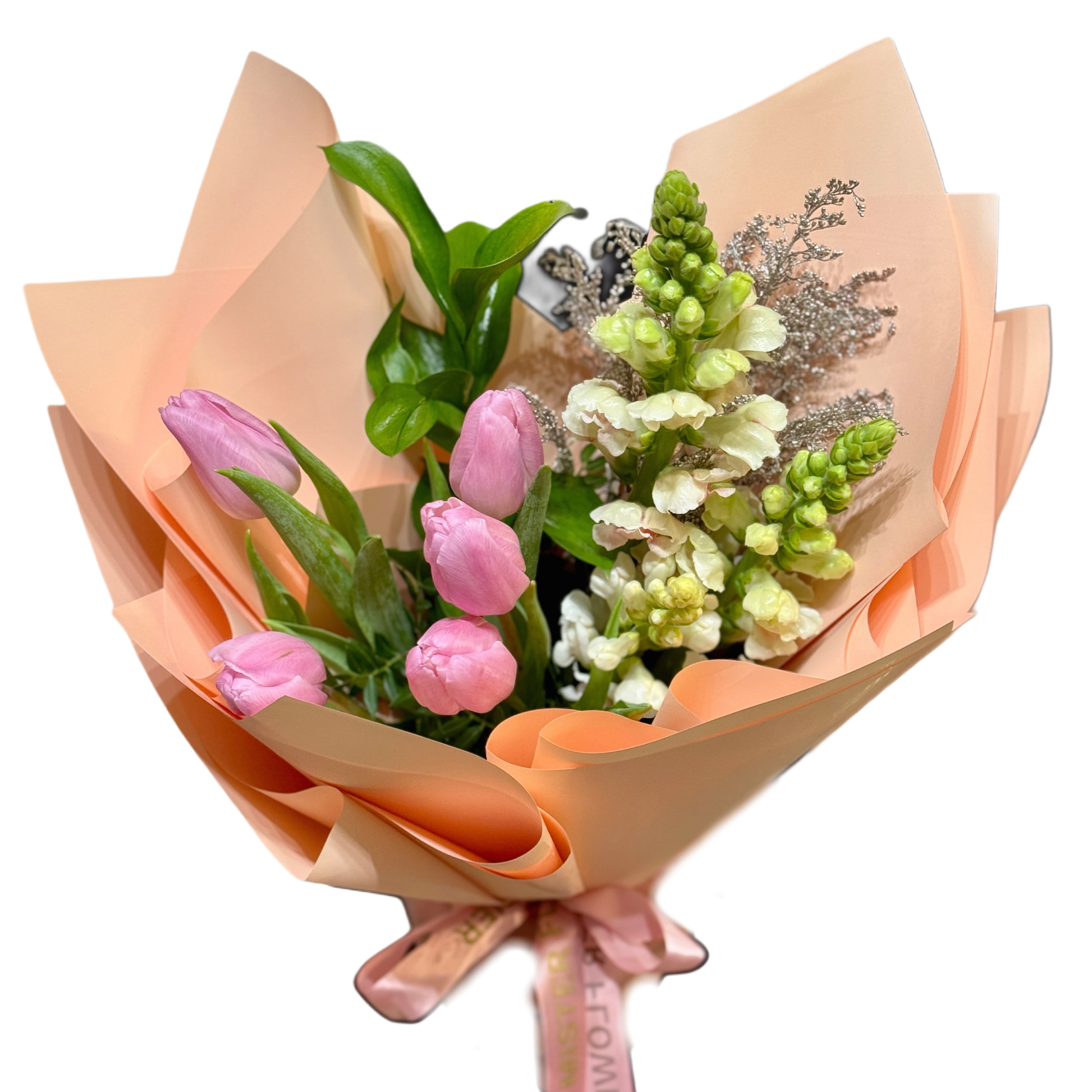 Buchet „Blush Garden” cu lalele roz și gura-leului alb – Mister Flower Florești