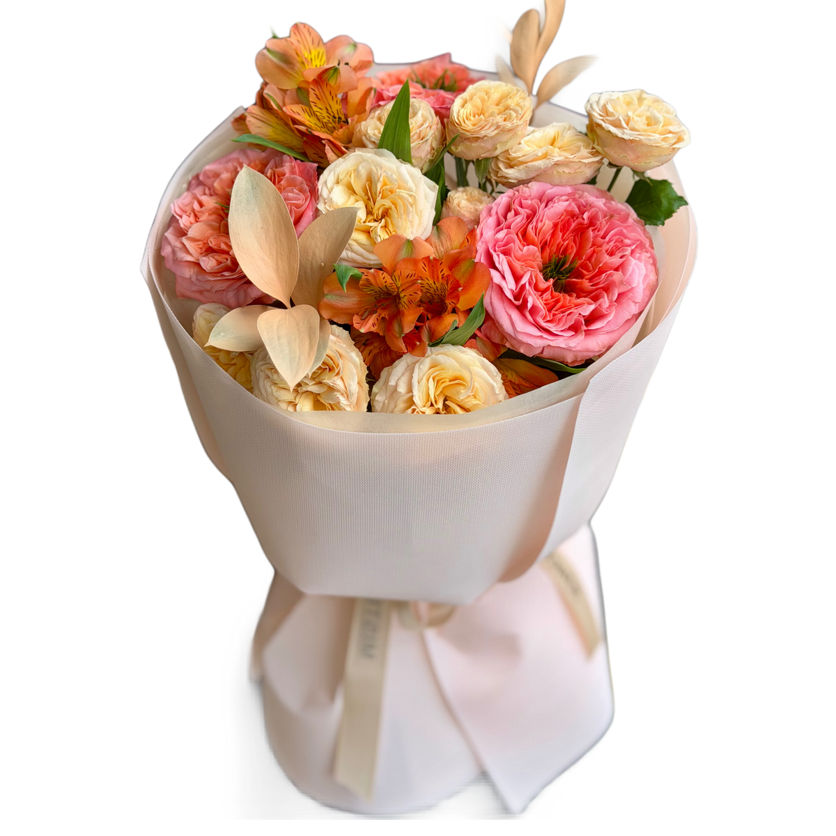 Buchet Coral Chérie cu trandafiri coral crem și alstroemeria – Mister Flower Cluj